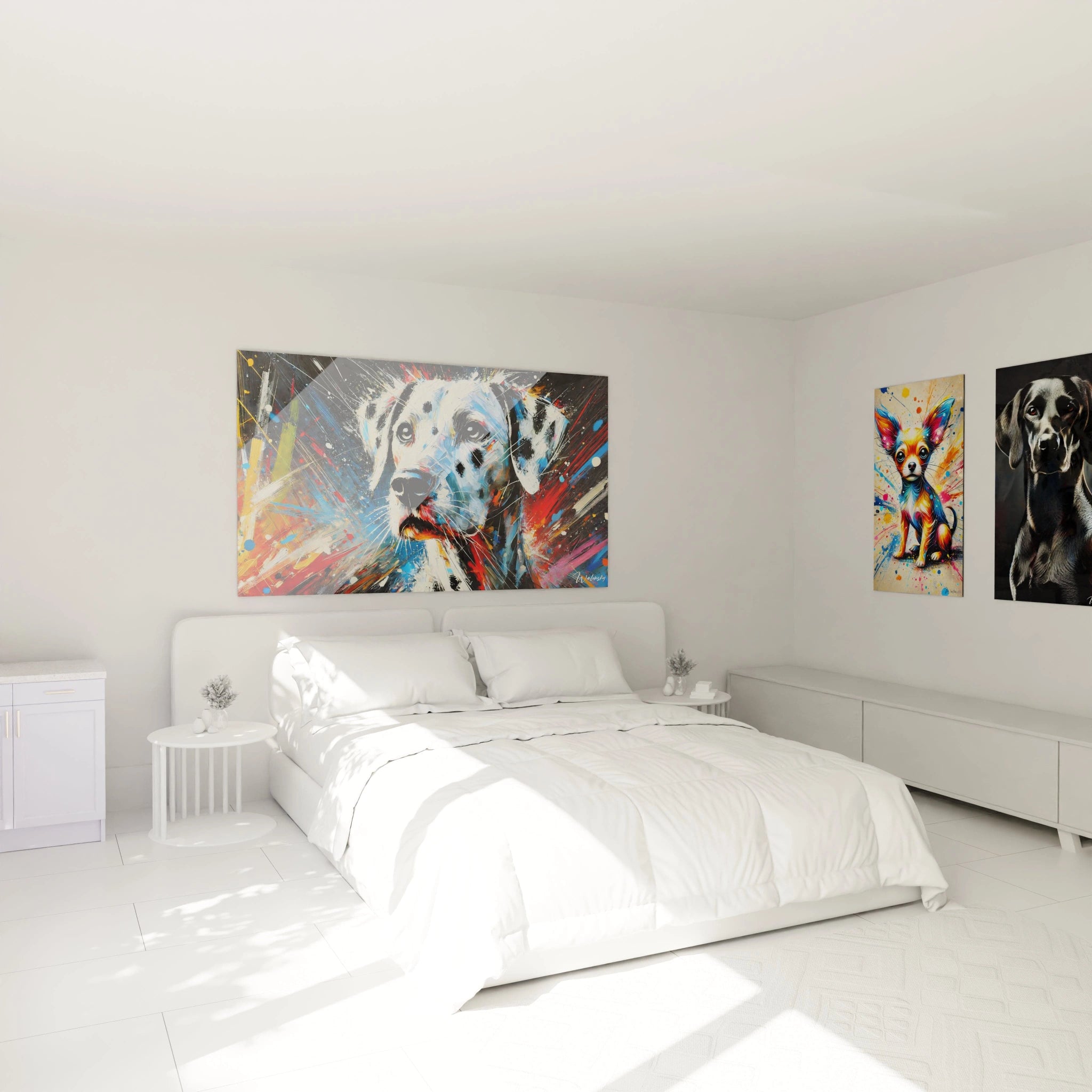Le tableau chien dalmatien abstrait apporte une touche artistique audacieuse à cette chambre, créant un point focal vibrant et moderne au-dessus du lit.