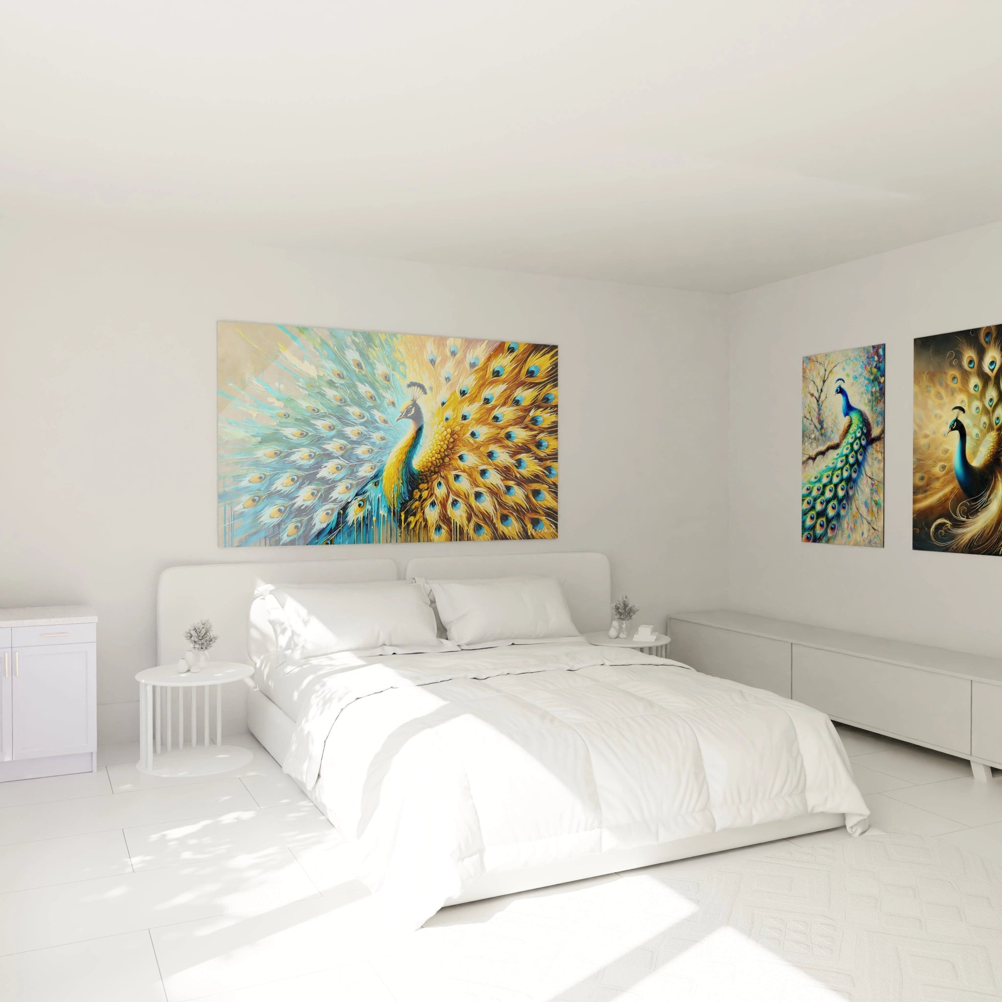 Le tableau paon au-dessus du lit apporte une atmosphère apaisante avec ses tons bleus et dorés. Un choix parfait pour créer une ambiance exotique et raffinée dans votre chambre.