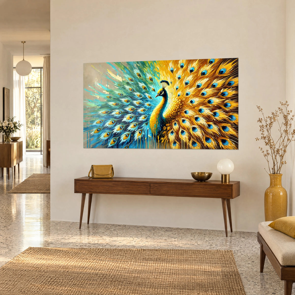 Cuadro ave real en abanico, plumaje azul verdoso y amarillo ocre, chorreados bajo el pecho, sobre una pared beige junto a una consola