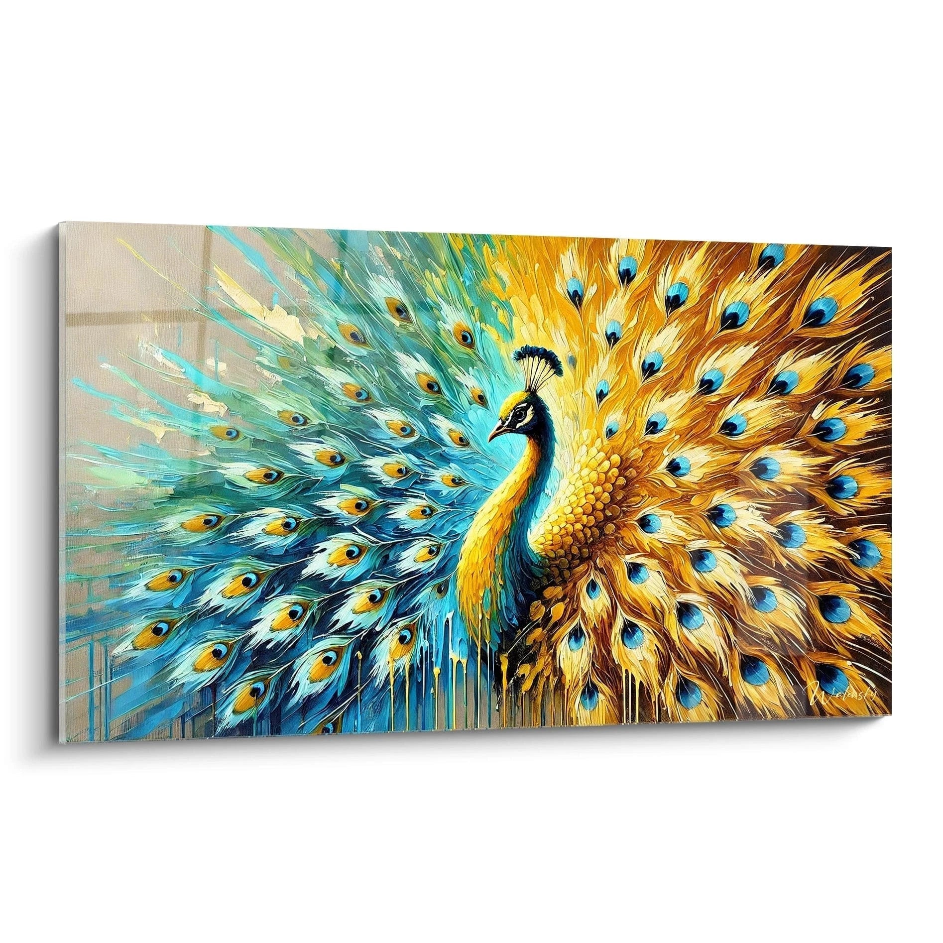 Admirez le tableau paon vu de biais, où les plumes bleues et dorées forment un dégradé vibrant. Idéal pour ajouter une touche d'élégance et de sophistication à tout espace.