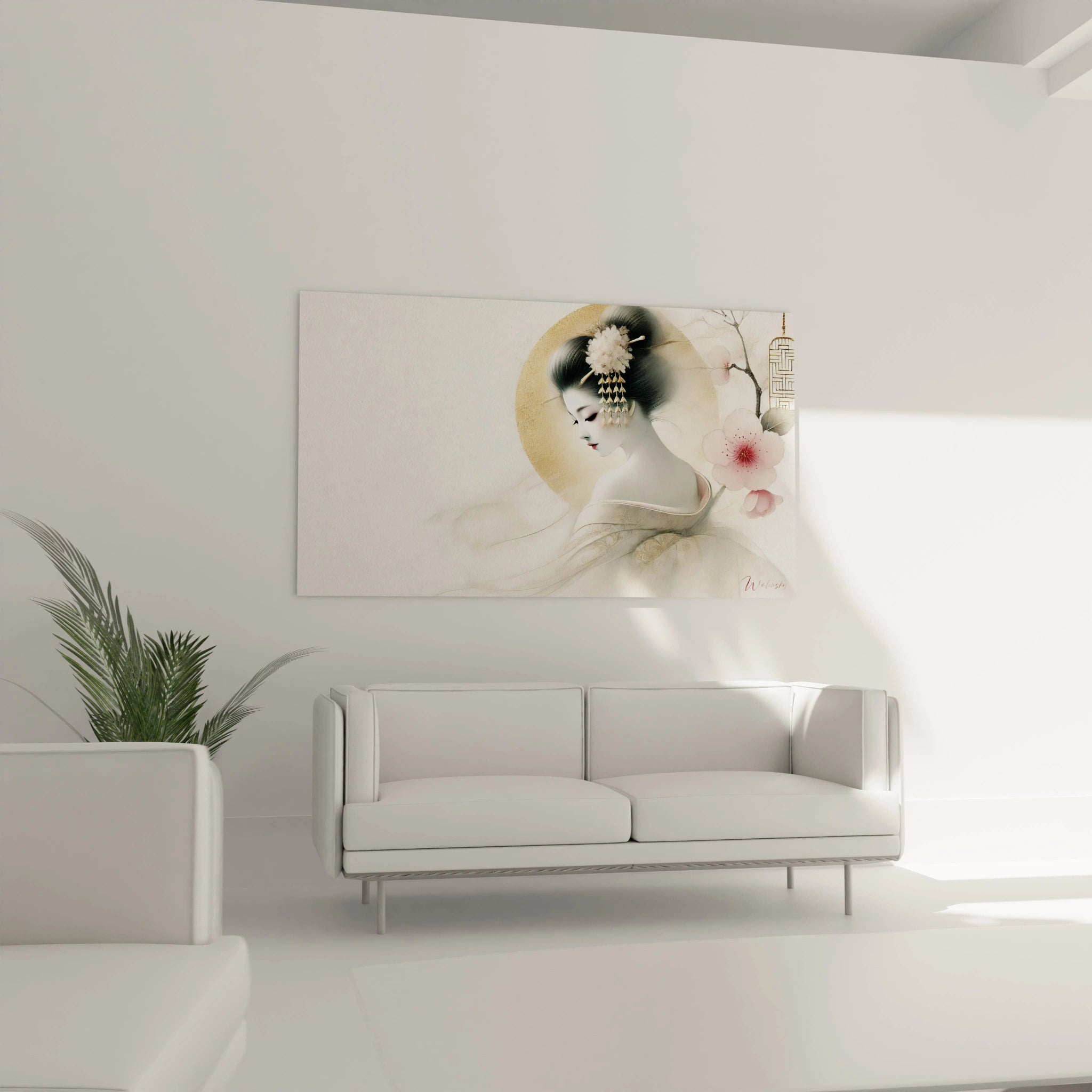 Dans le salon au-dessus du canapé, le tableau geisha diffuse une ambiance apaisante. Les couleurs douces et les ornements dorés ajoutent une élégance subtile qui capte l'œil avec raffinement.