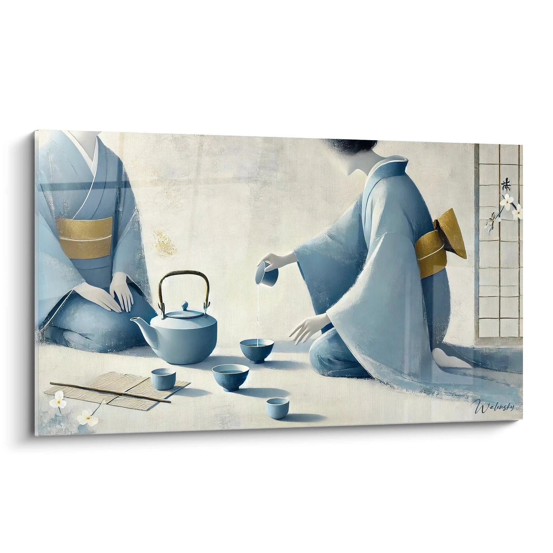 Tableau traditionnel asiatique vu de biais : une vue immersive qui met en valeur la purete et la serenite de la scene inspiree de la ceremonie du the. Ideal pour une decoration zen.