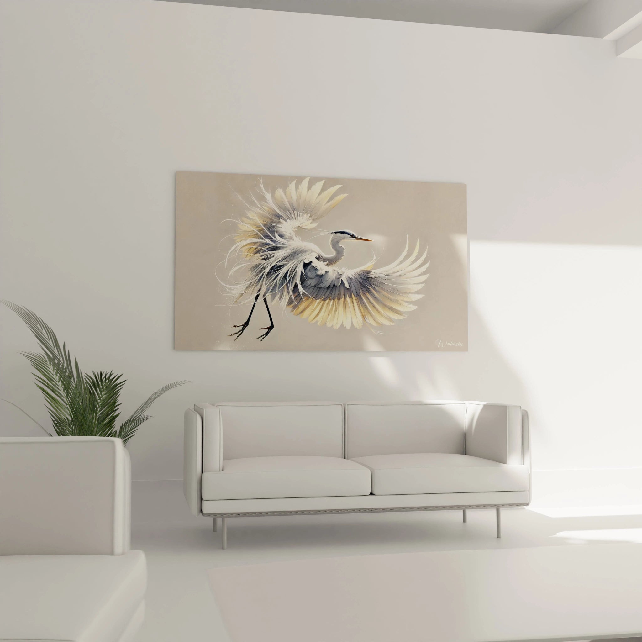 tableau heron au dessus du canape dans le salon apportant une ambiance calme et raffinee les tons neutres et doux creent une harmonie apaisante pour un espace moderne et elegant