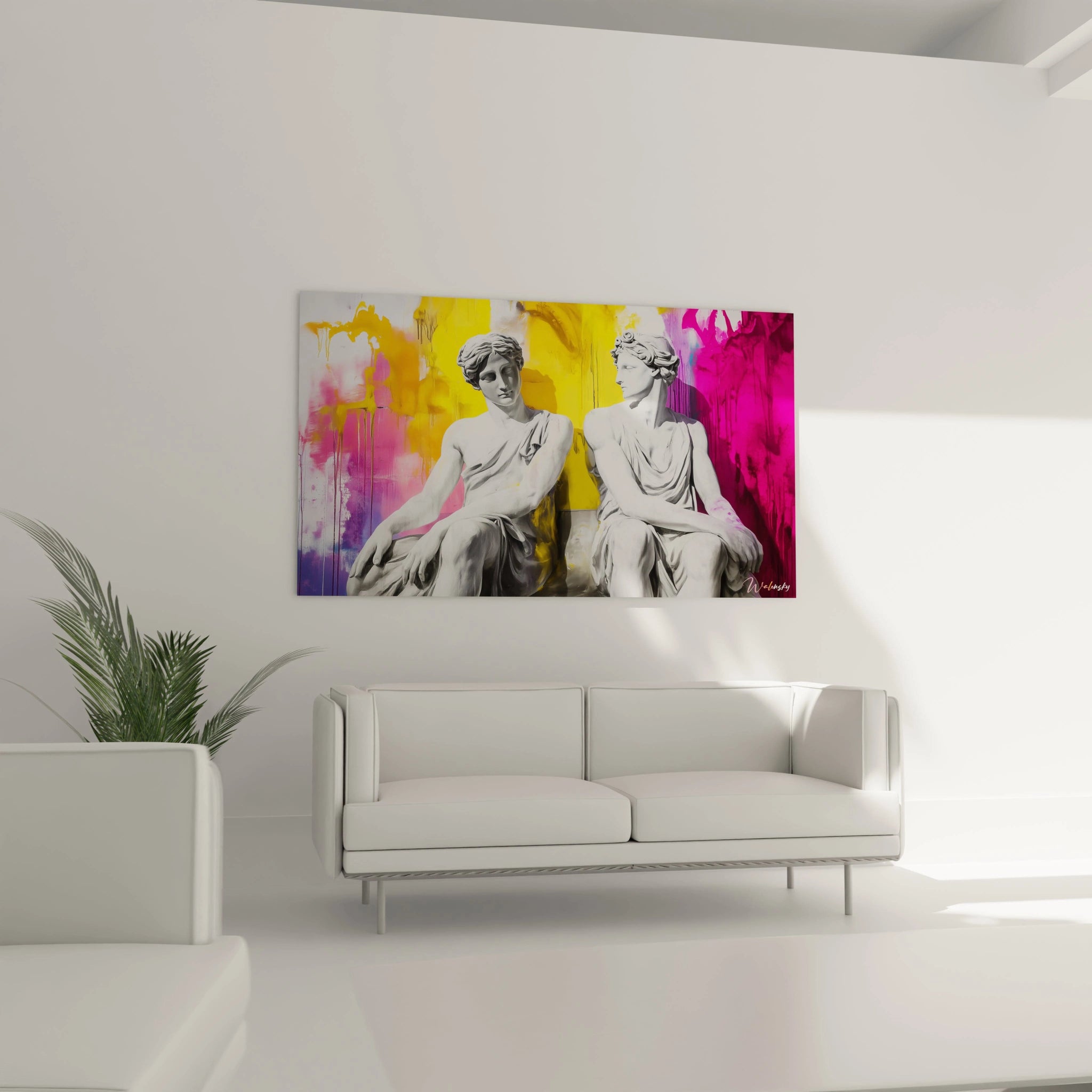 Composition centrée sur deux figures sculpturales, entourées de teintes dominantes jaune et violet, avec des textures fluides et des coulures marquées.