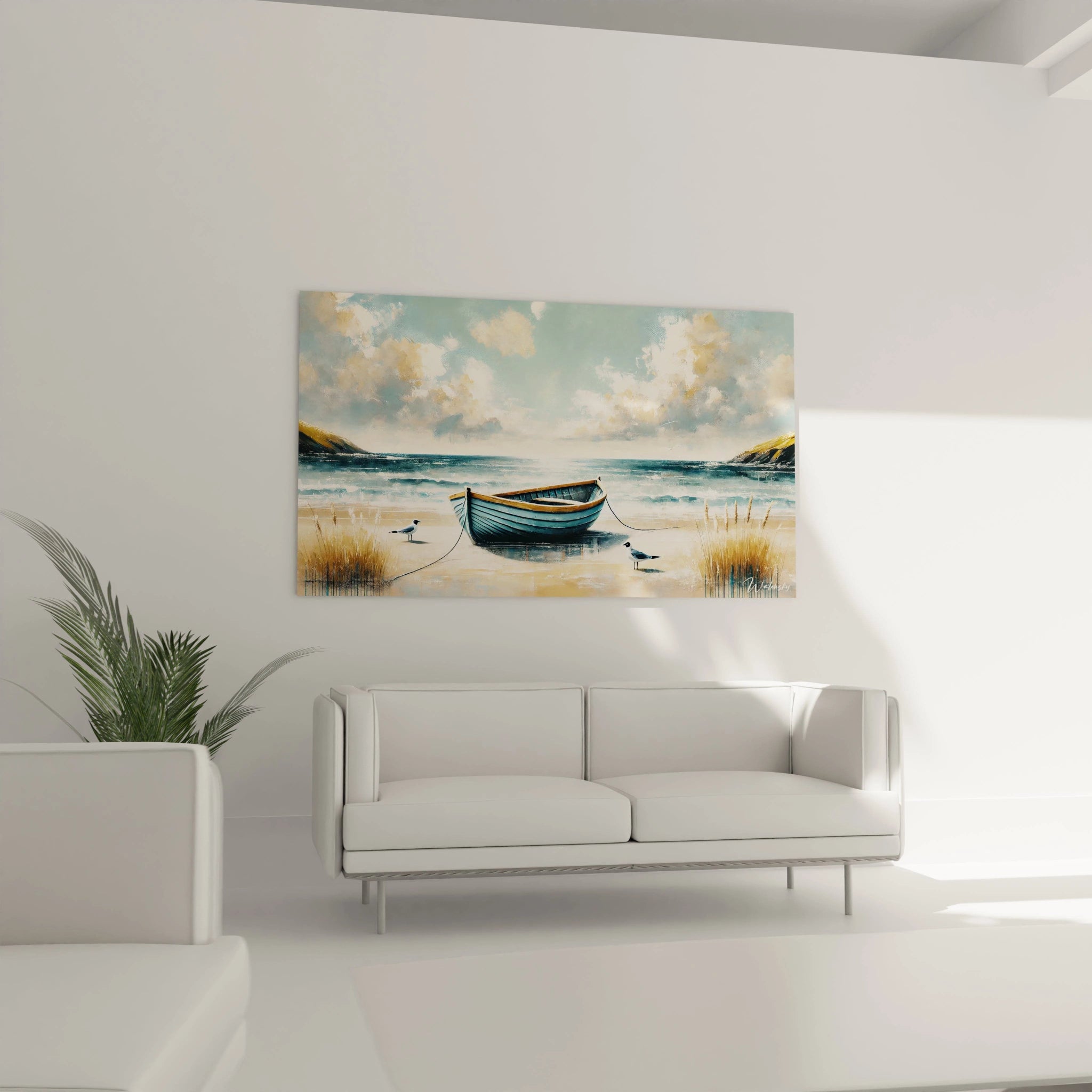 Tableau Marin placé au-dessus d'un canapé dans un salon lumineux, apportant une ouverture marine et une douce ambiance de calme côtier avec ses teintes naturelles