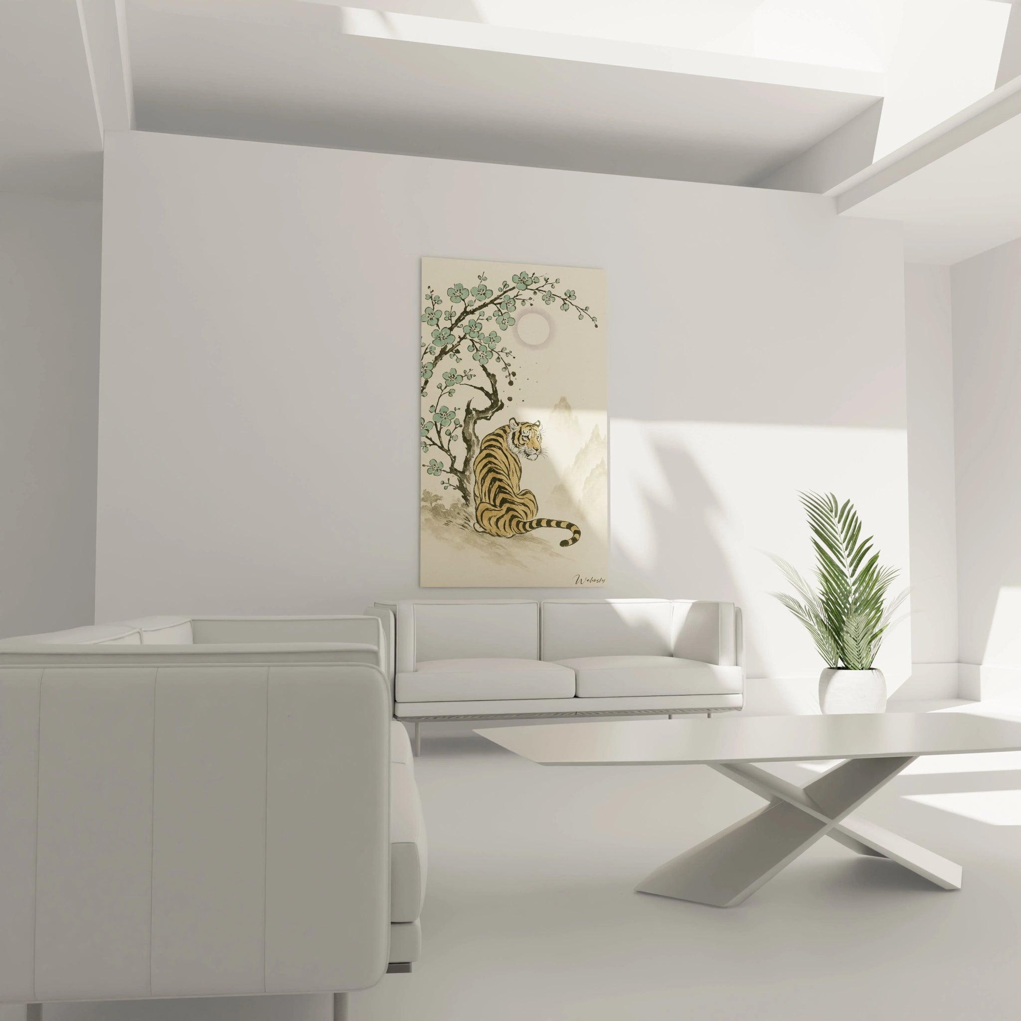 Un tableau tigre traditionnel présentant le félin de profil sous un arbre fleuri. Montagnes vaporeuses et lune blanche complètent cette composition aux teintes douces de beige, noir et vert clair.