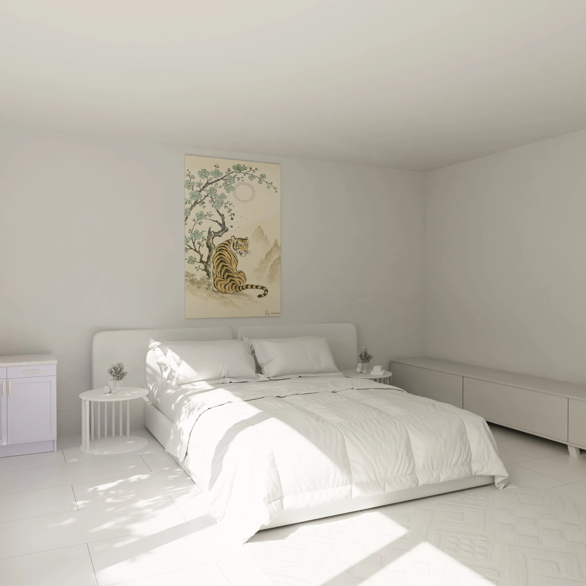 Un tableau tigre chinois montrant un animal rayé orange et noir contemplant un paysage montagneux. Branches de cerisier avec fleurs vertes délicates encadrent la composition sur fond beige pâle.