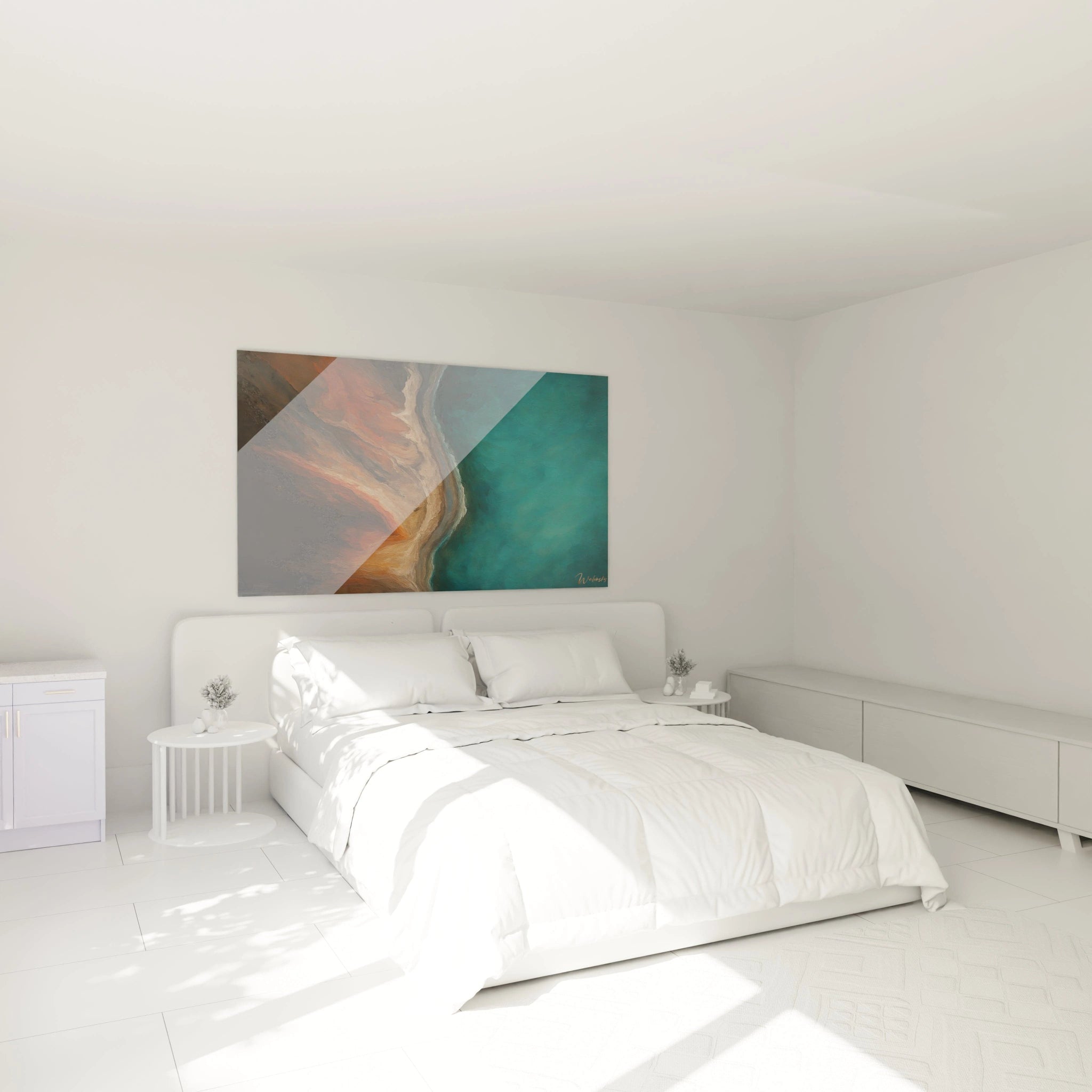 Un tableau vue aérienne capturant un littoral abstrait où des masses terrestres orangées et brunes rencontrent un océan turquoise, créant une frontière sinueuse avec des textures rugueuses pour la terre et lisses pour l'eau.