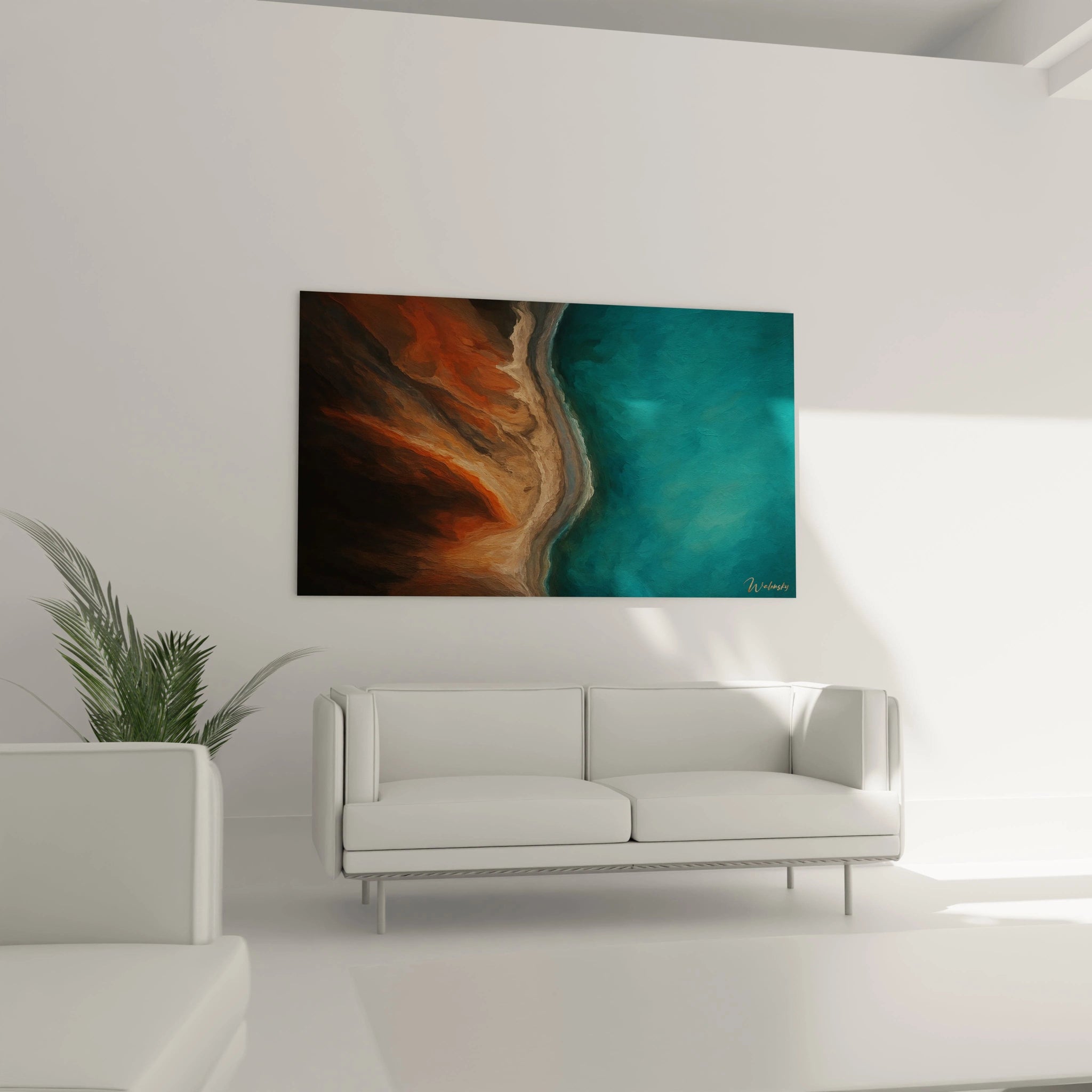 Un tableau vue aérienne montrant une côte abstraite aux couleurs contrastées, avec des terres chaudes en orange et brun occupant la gauche, et des eaux turquoise profondes à droite, liées par une transition texturée beige.