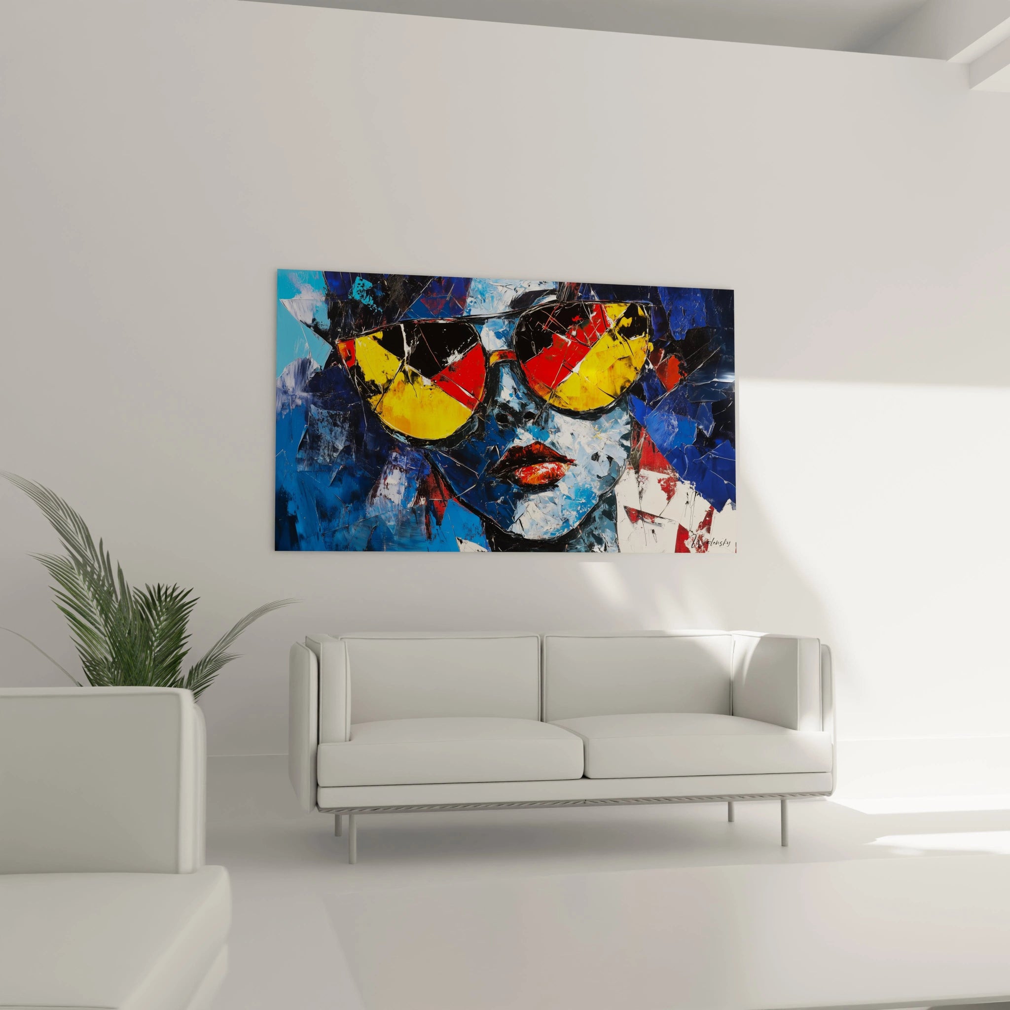 Une œuvre contemporaine abstraite représentant un visage aux lèvres rouges et lunettes éclatantes, avec des détails texturés en bleu, rouge, et jaune sur un fond multicolore dynamique.