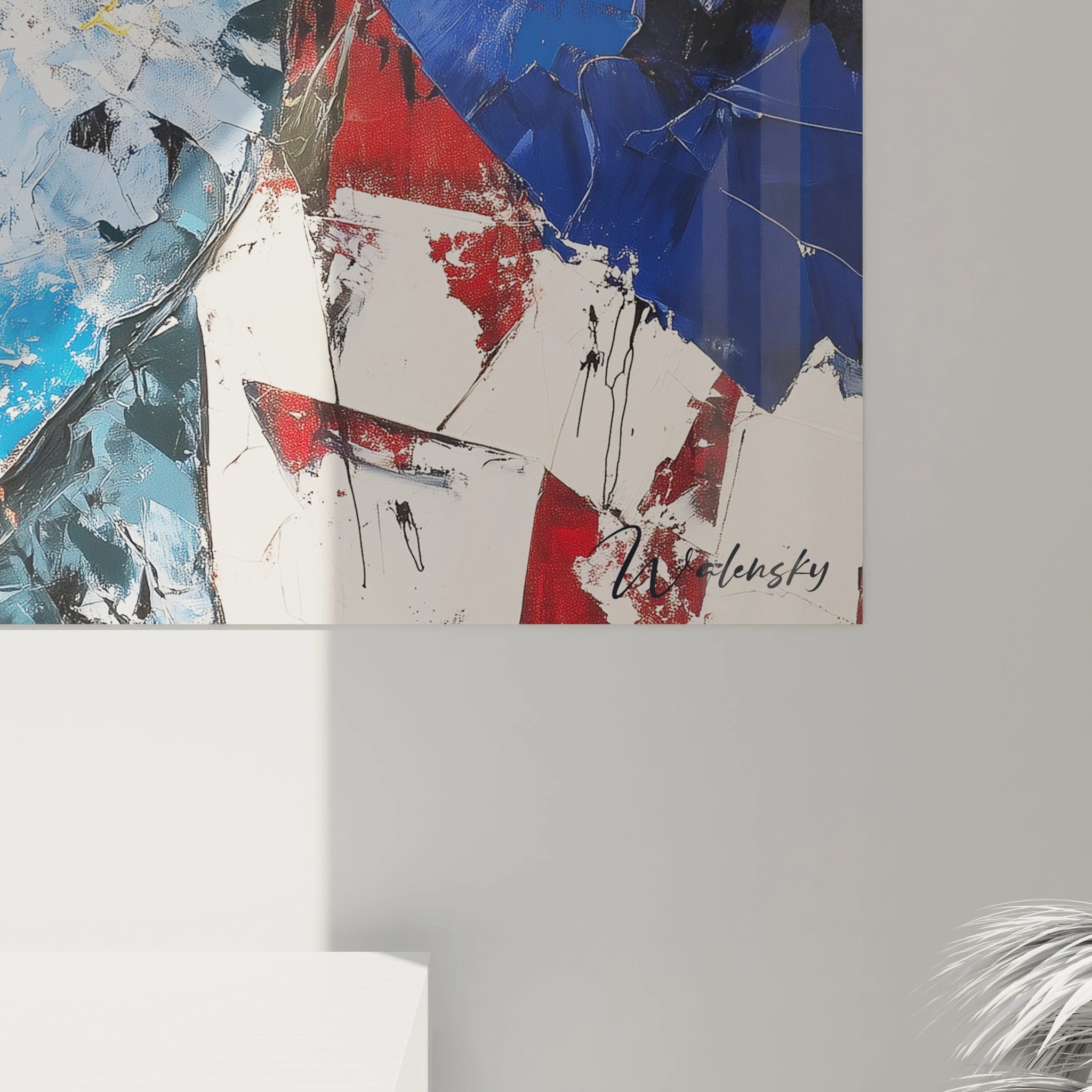 Un tableau peinture contemporaine abstrait détaillant un visage texturé, dominé par des lunettes aux reflets rouge et jaune vifs, sur un arrière-plan bleu profond avec des lignes brisées.