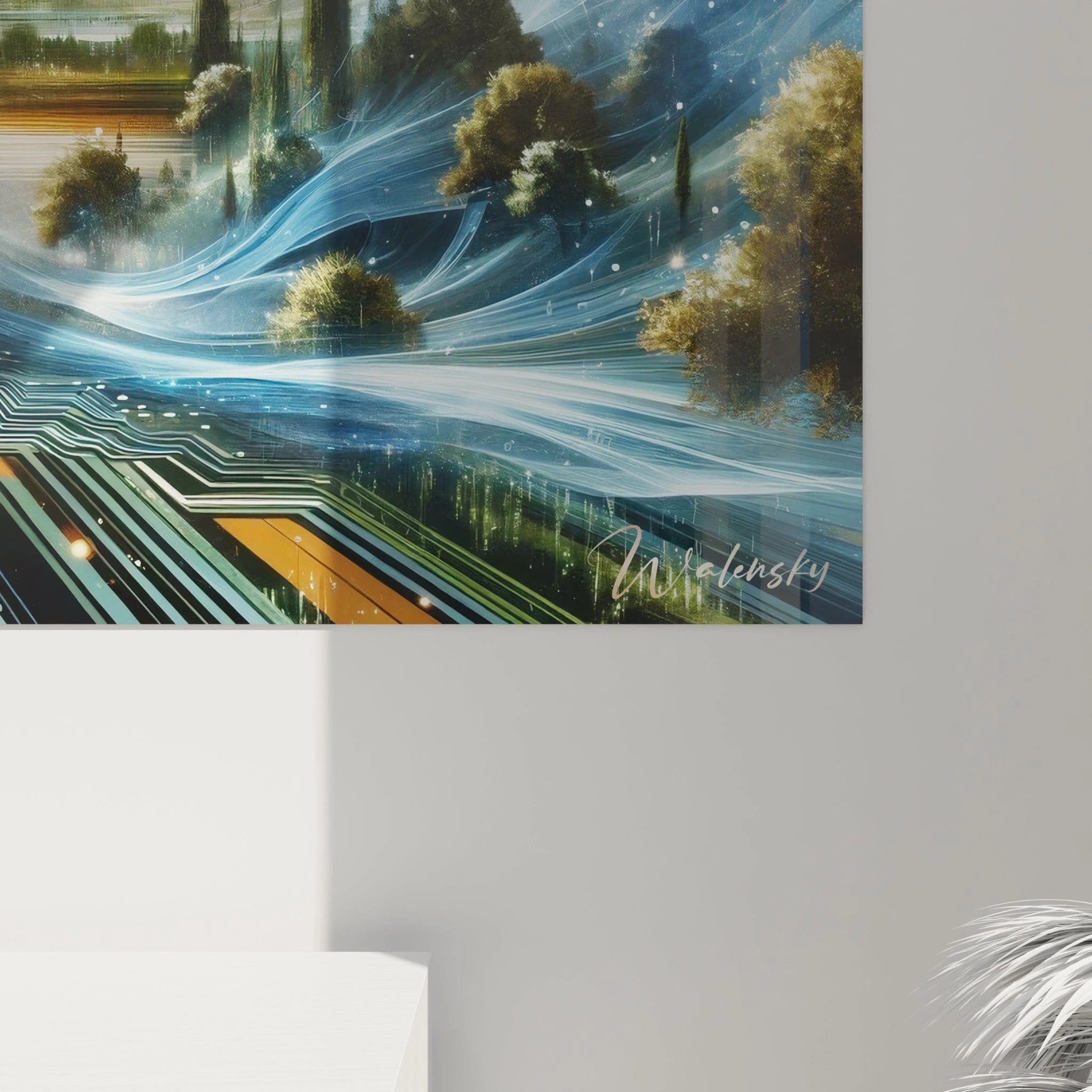 Tableau abstrait présentant une vision futuriste où nature et technologie coexistent. Gamme colorée de bleu nuit, vert végétal, orange crépusculaire et lignes lumineuses bleutées. Texture mixte associant éléments paysagers réalistes et motifs électroniques stylisés. Motif panoramique avec forêt au premier plan, vallée centrale avec étendue d'eau, falaises abruptes et ciel nocturne parsemé d'étoiles et de circuits lumineux.