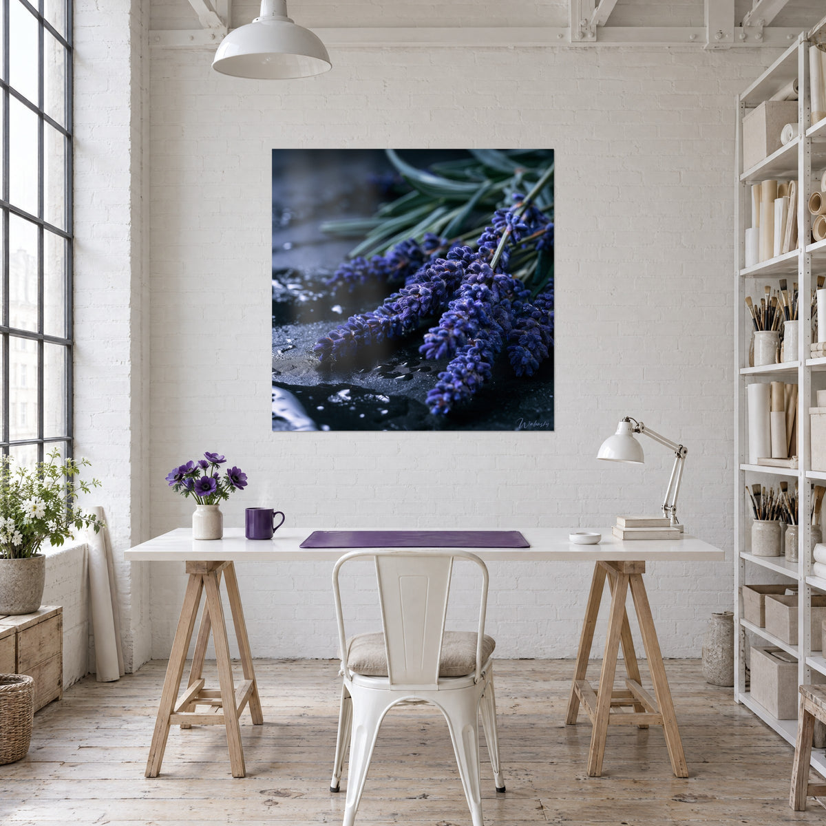 Wall art Purple lavender bunch on damp dark slate, green stems, white desk, articulated lamp and vase of violet flowers