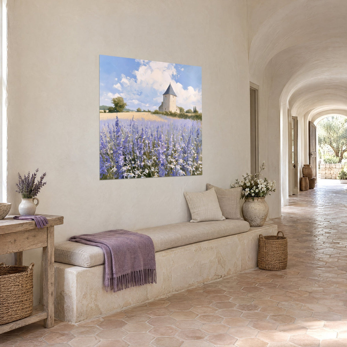 Wall art ivory windmill topped with a pointed roof, mauve flowers under white clouds, vaulted corridor of the Provençal farmhouse