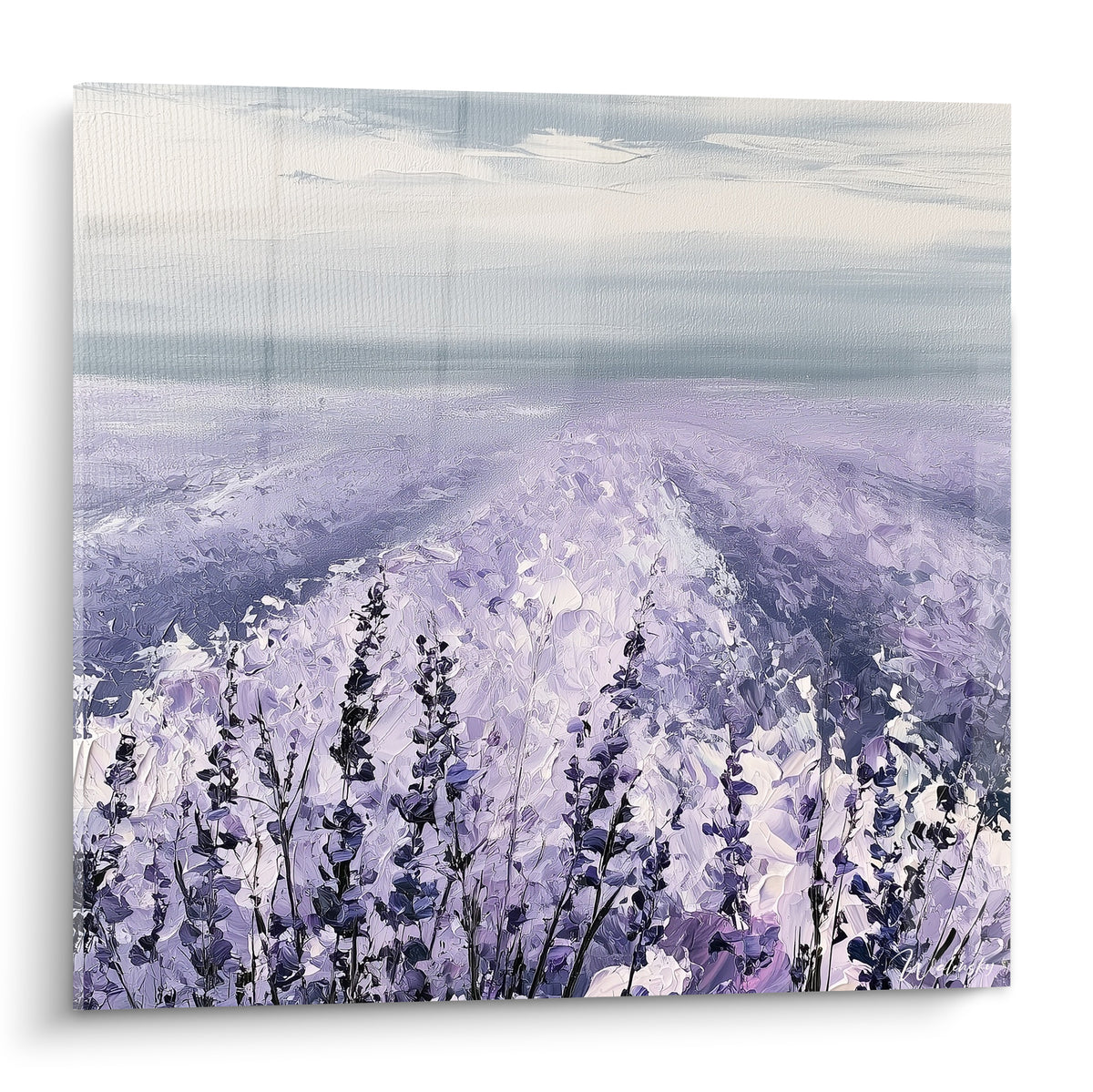Champ de lavande mauve et violet peint au couteau, chemin clair menant vers un ciel gris brumeux.