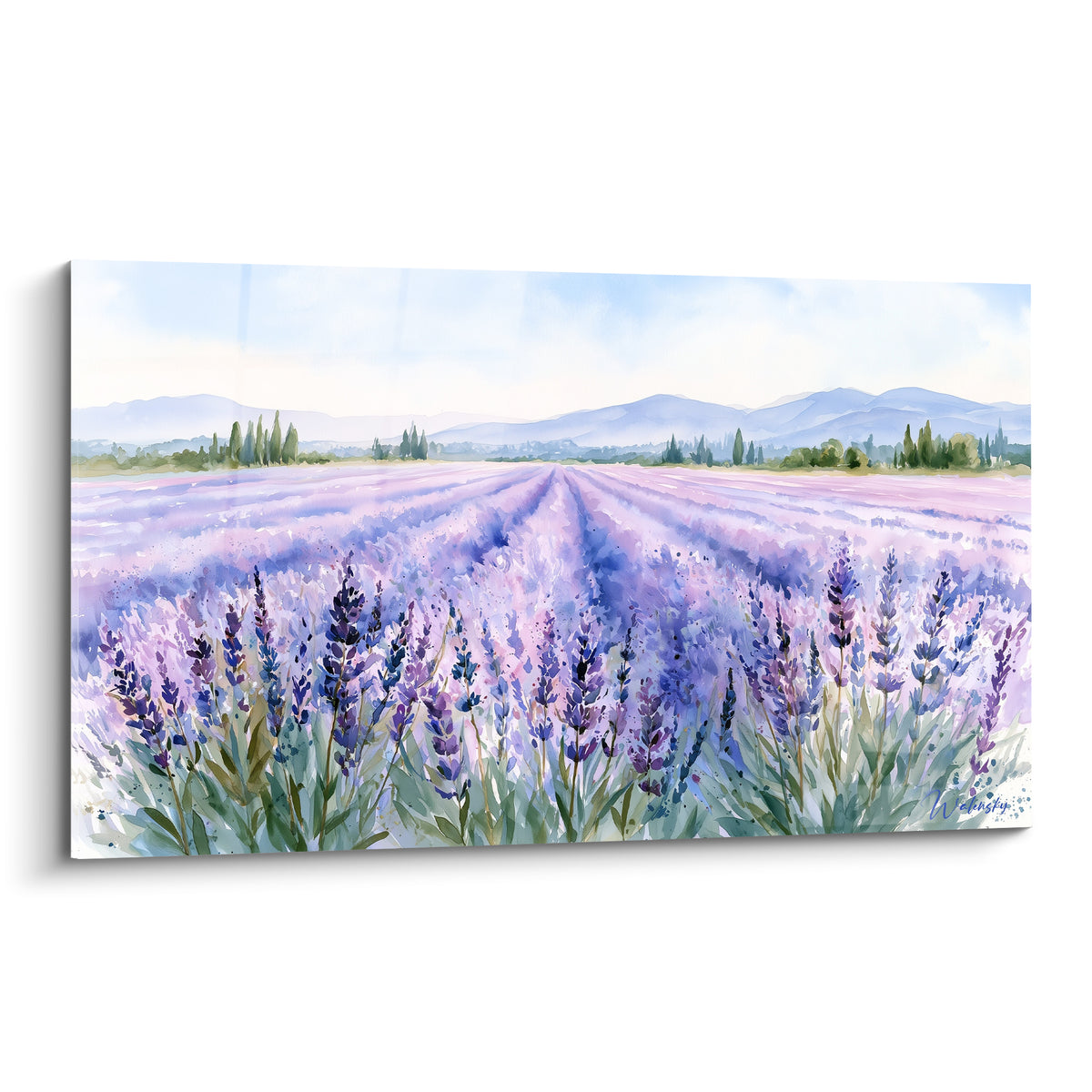 Lavande en rangées violettes et bleu pastel sous un ciel clair, style aquarelle provençal