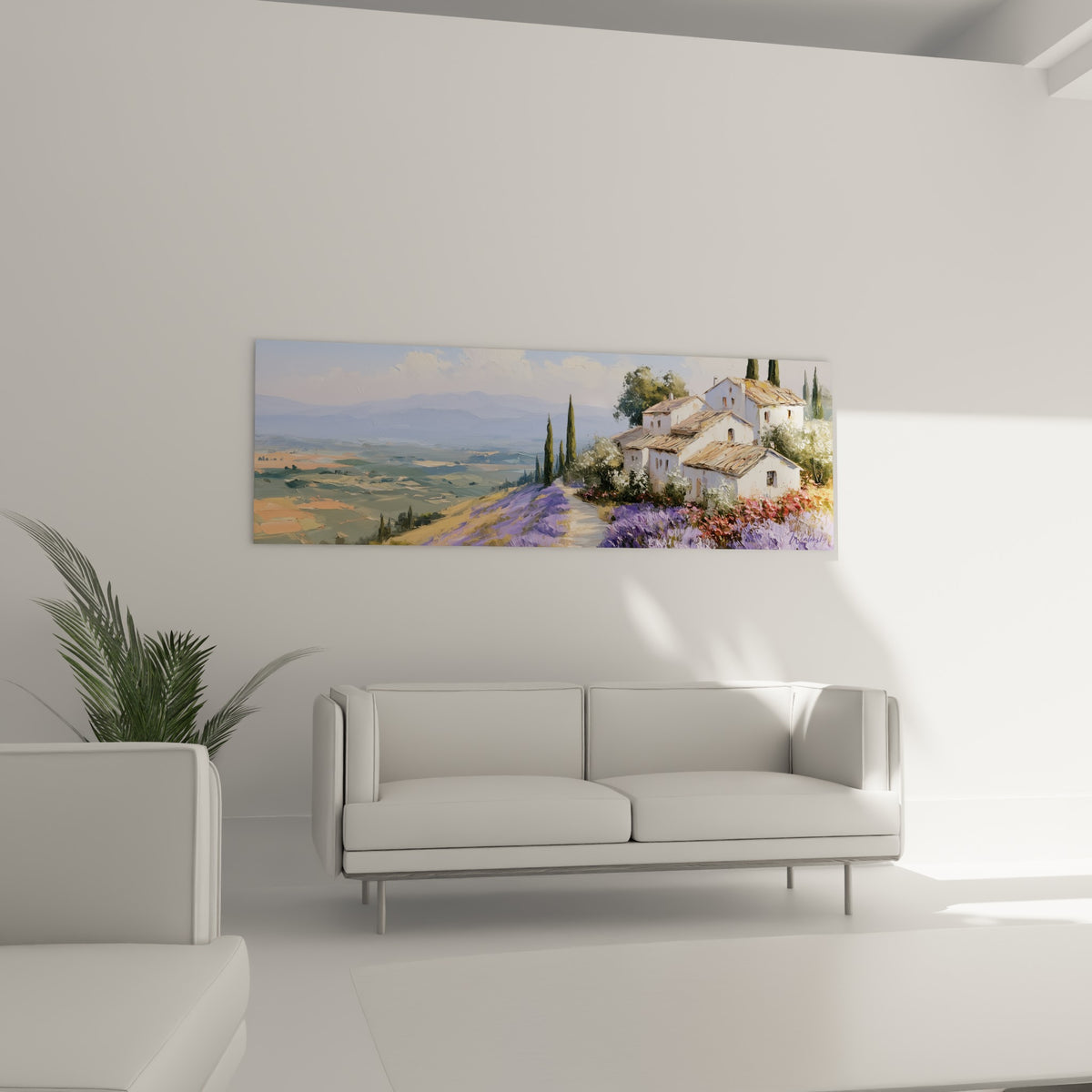 Colline provençale aux tons violet et terracotta, disposée au-dessus d'un canapé dans un salon lumineux.