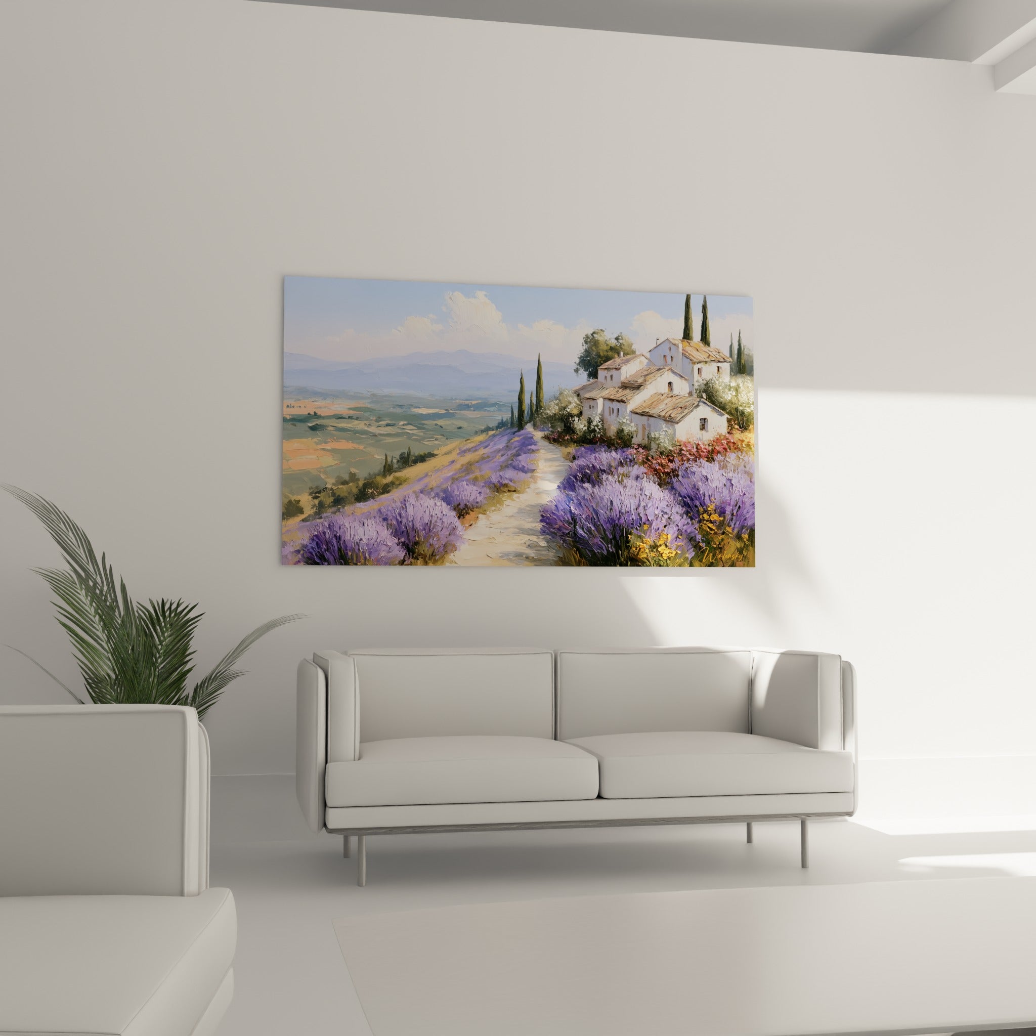 Collines vertes et lavande violette entourant un hameau blanc, au-dessus d'un canapé dans un salon lumineux