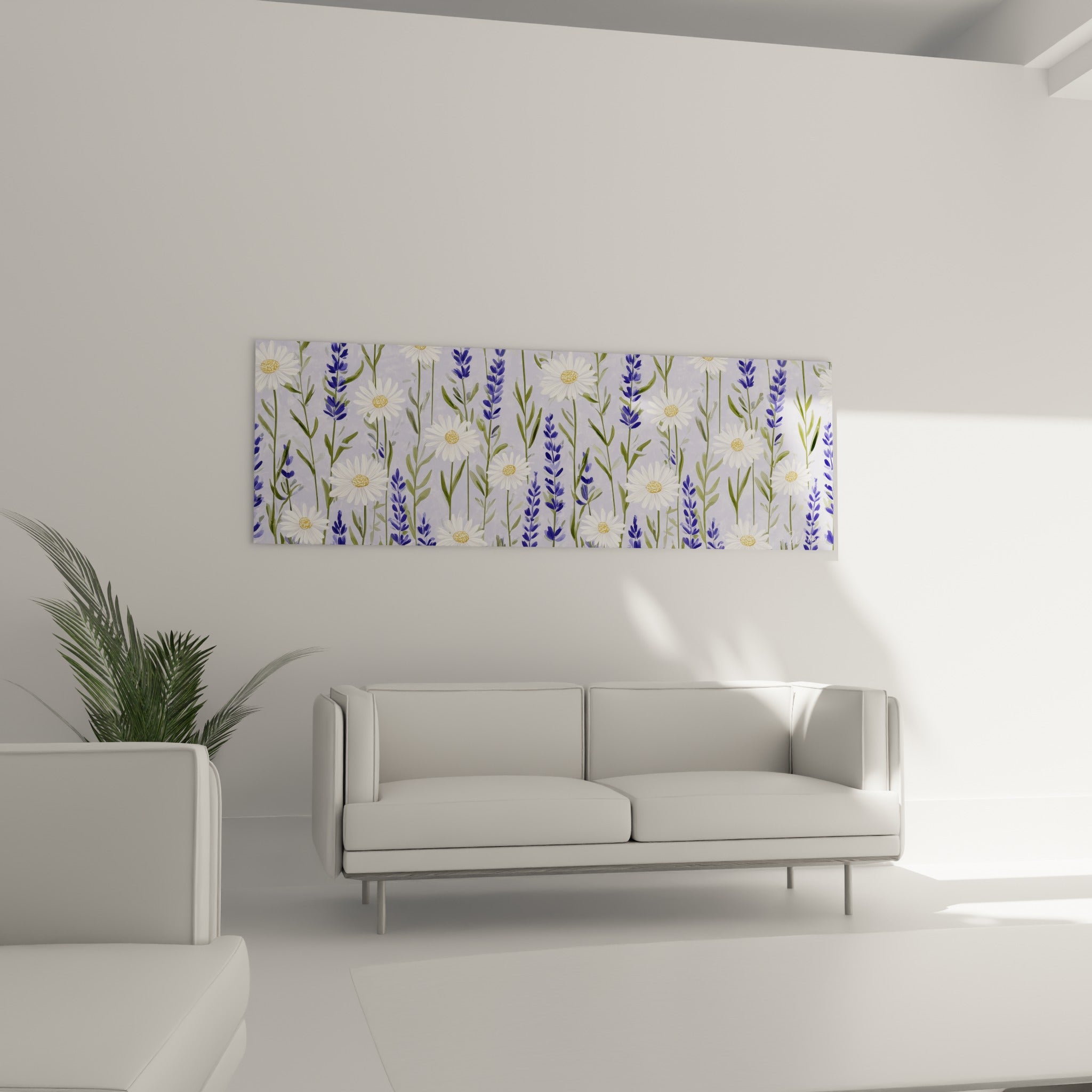 Fleurs blanches et violettes disposées en lignes verticales au-dessus d'un canapé dans un salon lumineux
