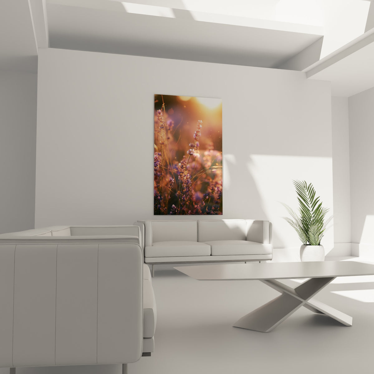 Fleurs de lavande mauves et tiges dorées au-dessus d'un canapé dans un salon lumineux