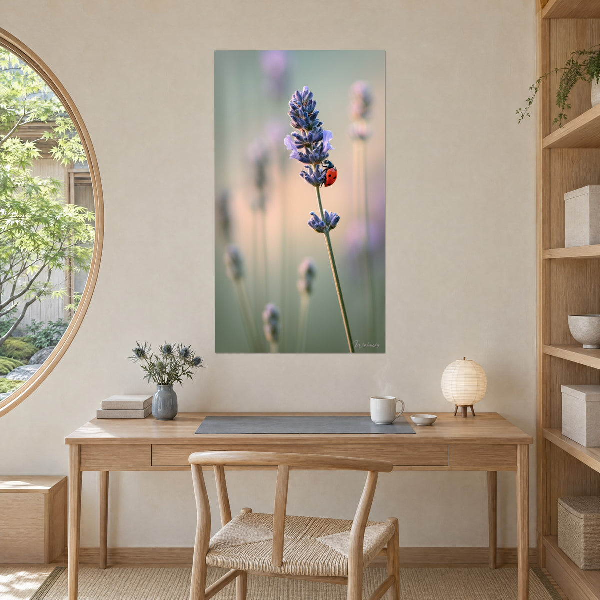 Cuadro espiga de lavanda azul-violeta con una mariquita roja, fondo verde suave y rosa pastel, pared crema sobre un escritorio de madera