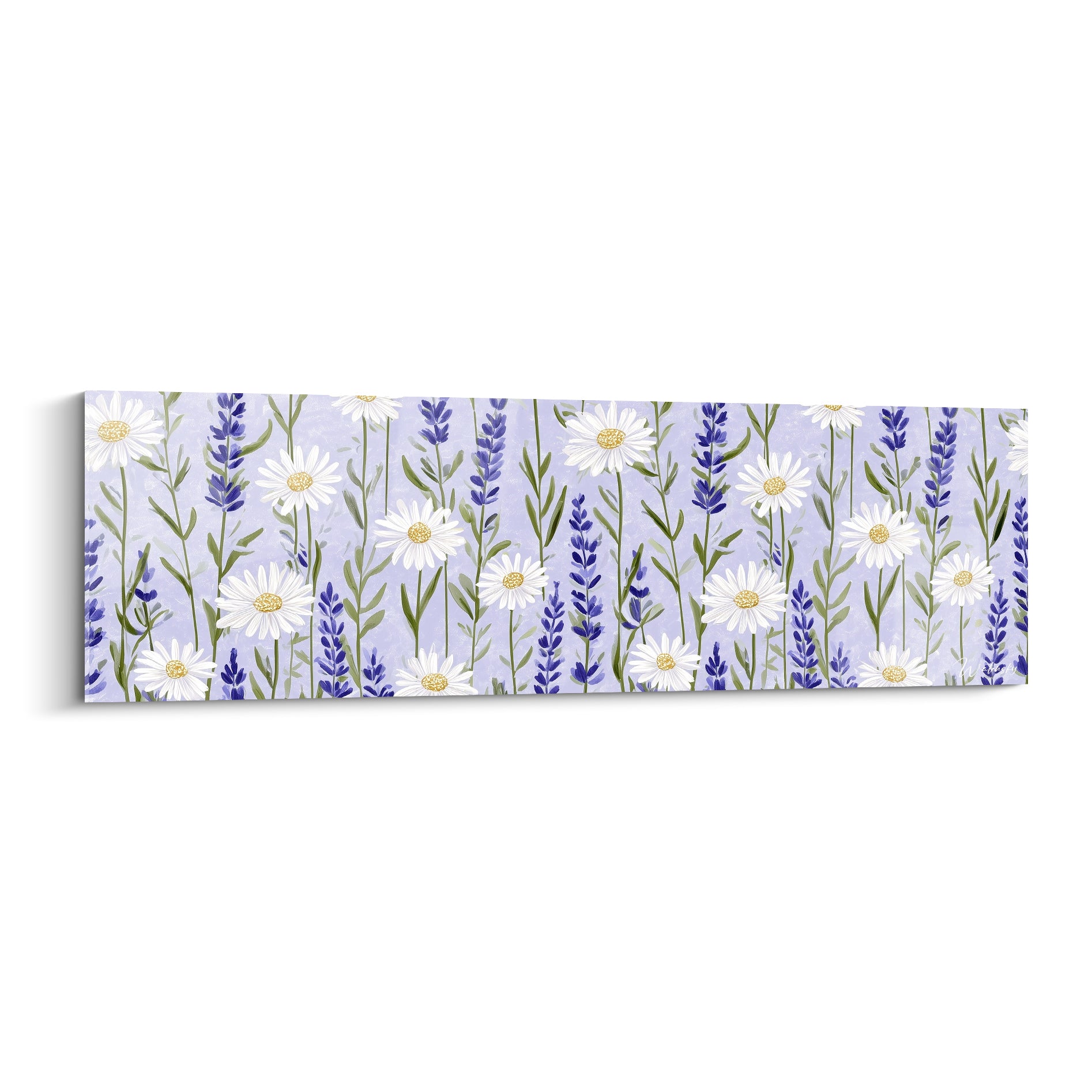 Marguerites blanches et épis de lavande violette peints sur fond mauve pastel, motif floral répété