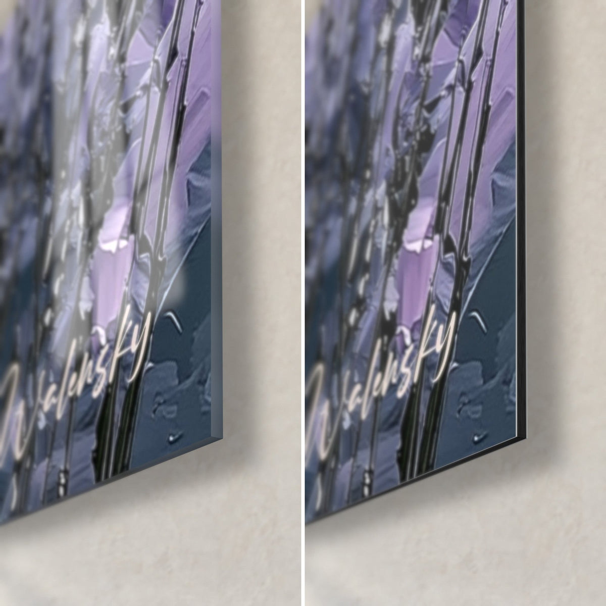 Quadro steli di lavanda ghiacciati, angolo in basso a destra: vetro lucido a sinistra, Dibond opaco viola e grigio a destra, bordo sottile