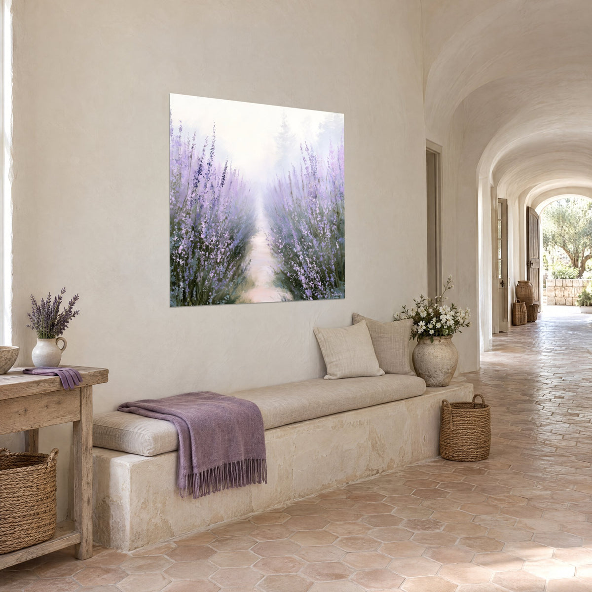 Wall art path between purple spikes and sage green foliage, ivory mist in the background, hung above a stone bench in a vaulted hallway