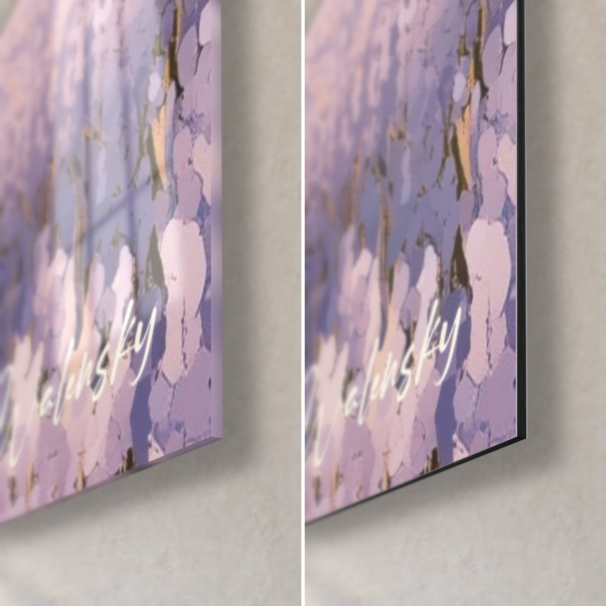 Wall art expanse of lavender in lilac and ochre, bottom right corner: glossy acrylic glass on the left, matte black Dibond aluminium on the right, 3 mm edge