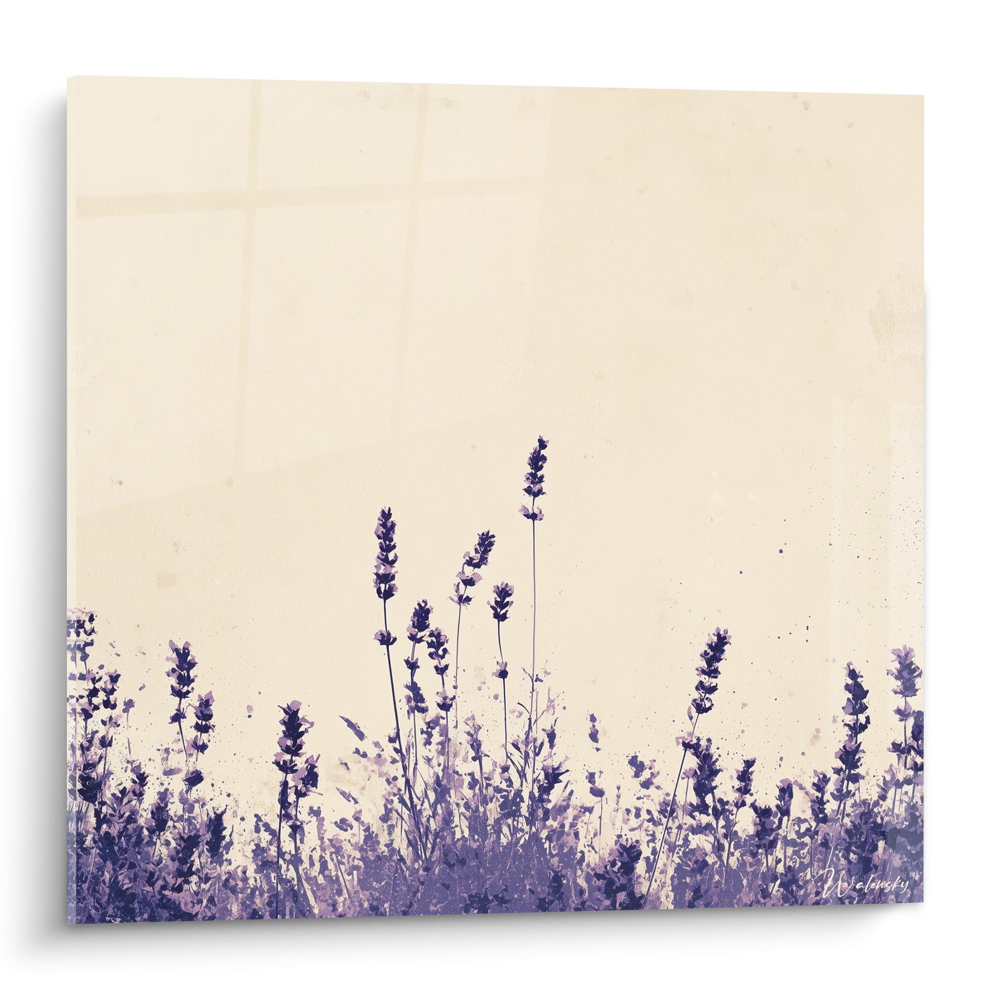 Tiges de lavande violette dressées sur fond beige texturé, style aquarelle champêtre délicat