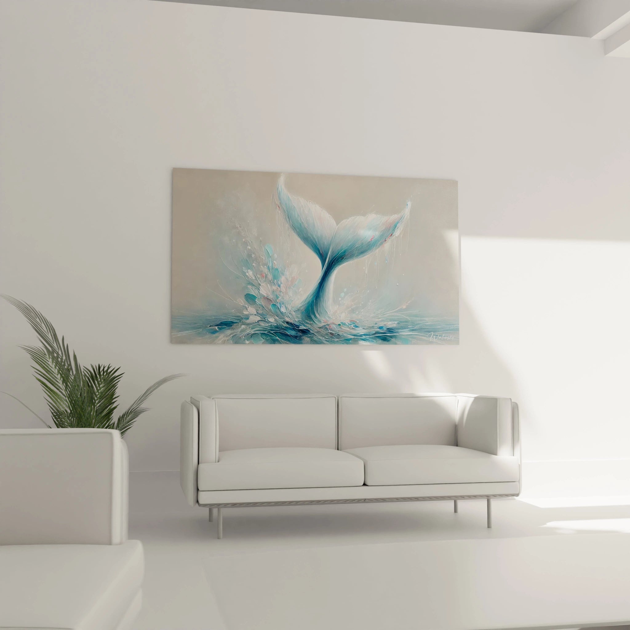 Le tableau baleine au-dessus du canapé apporte une touche marine et zen à votre salon. Ses nuances de bleu et de blanc s'intègrent parfaitement dans une déco contemporaine tout en évoquant la mer.
