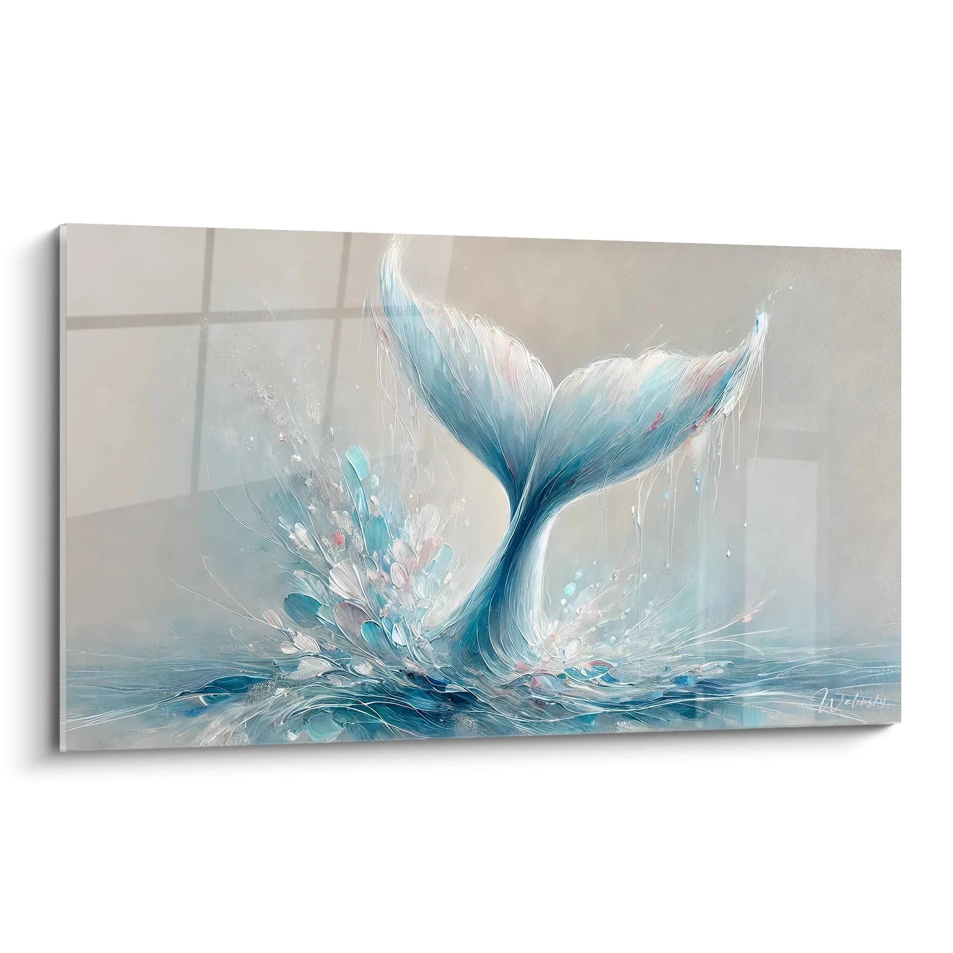 Ce tableau baleine capture la beauté de l'océan avec une vue dynamique de biais. Parfait pour une déco marine, il évoque l'élégance du mammifère marin avec des couleurs douces et un effet apaisant.