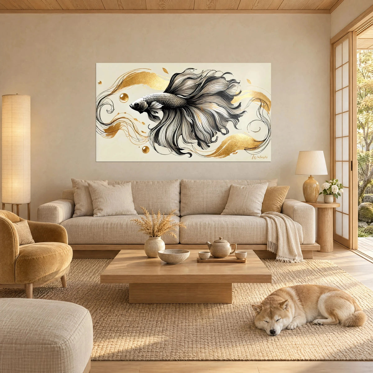 Wall art of a silver fighting fish with black and gold veil fins, golden bubbles on a cream background, Shiba, above a sofa in a bright living room