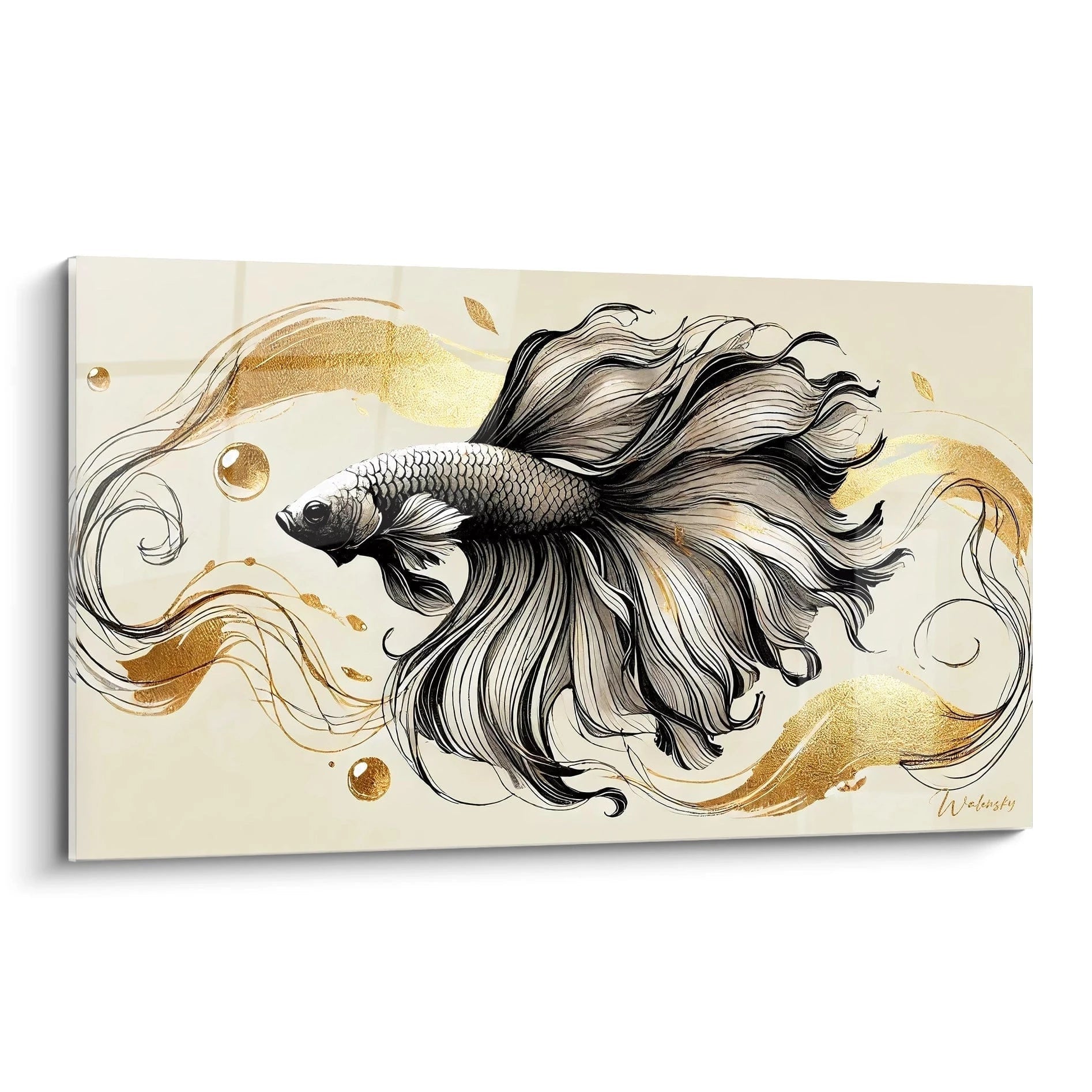tableau poisson betta stylisé en noir et or vue de biais contraste des couleurs sombres et touches dorées apporte une touche de sophistication et de luxe ideal pour une deco moderne