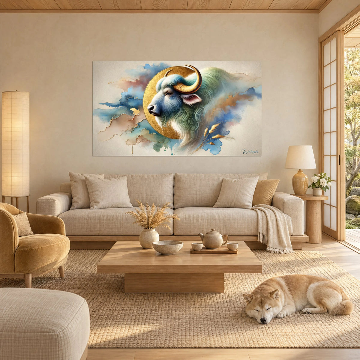 Gemälde Heiliger Büffel mit goldenen Hörnern und salbeigrüner Mähne auf goldener Scheibe, ein liegender Shiba, über einem Sofa in einem hellen Wohnzimmer