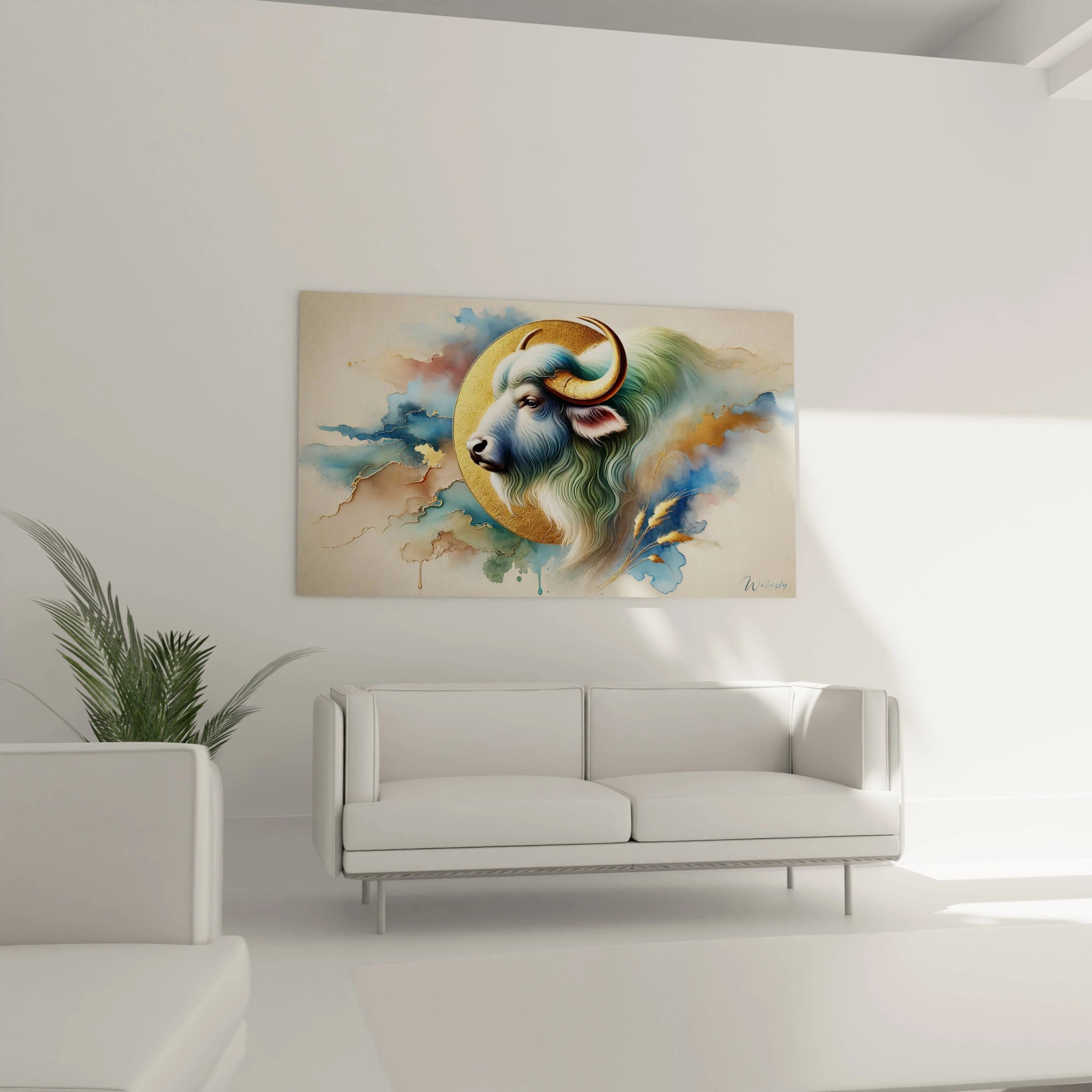 dans ce salon moderne le tableau buffle attire le regard avec ses couleurs audacieuses et ses textures profondes il combine realisme et abstraction pour une decoration saisissante