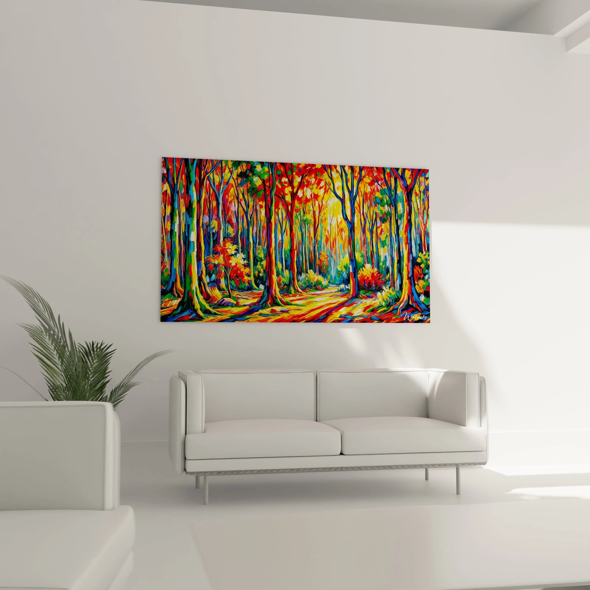 Une composition de tableau fauvisme abstrait mettant en avant des troncs élancés et des feuillages vibrants, dans des tons de bleu, orange et jaune, avec des textures riches et détaillées.