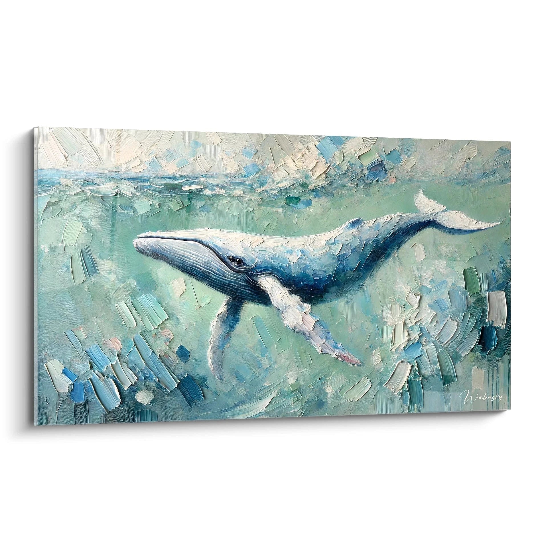 Ce tableau baleine vu de biais met en valeur la majesté de la faune marine. Ses nuances de bleu et vert créent un effet apaisant parfait pour une décoration intérieure élégante et inspirée des océans.