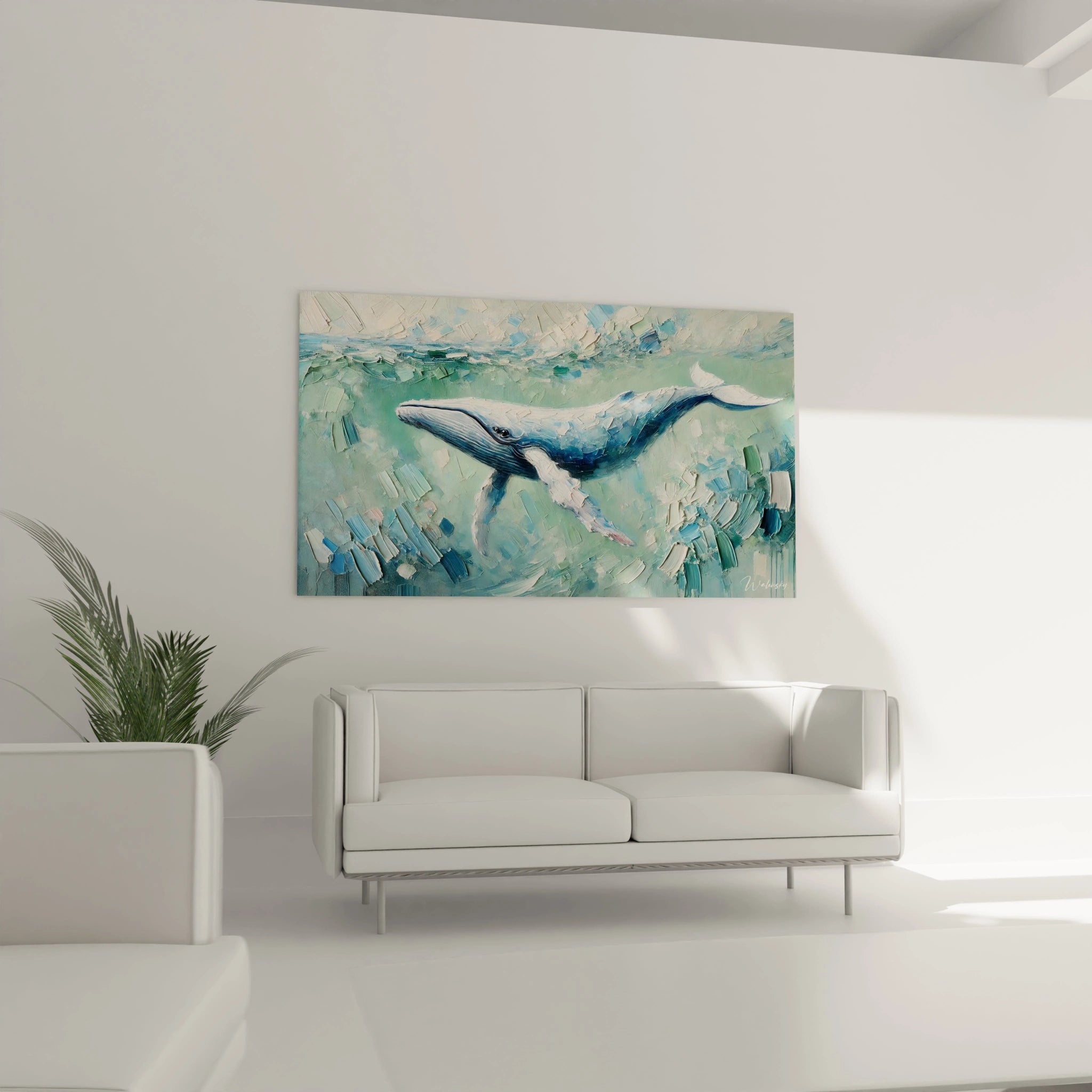 Dans le salon, ce tableau baleine au-dessus du canapé devient un point focal captivant. Ses vagues harmonieuses et ses textures riches ajoutent une touche d'élégance marine à tout intérieur moderne.