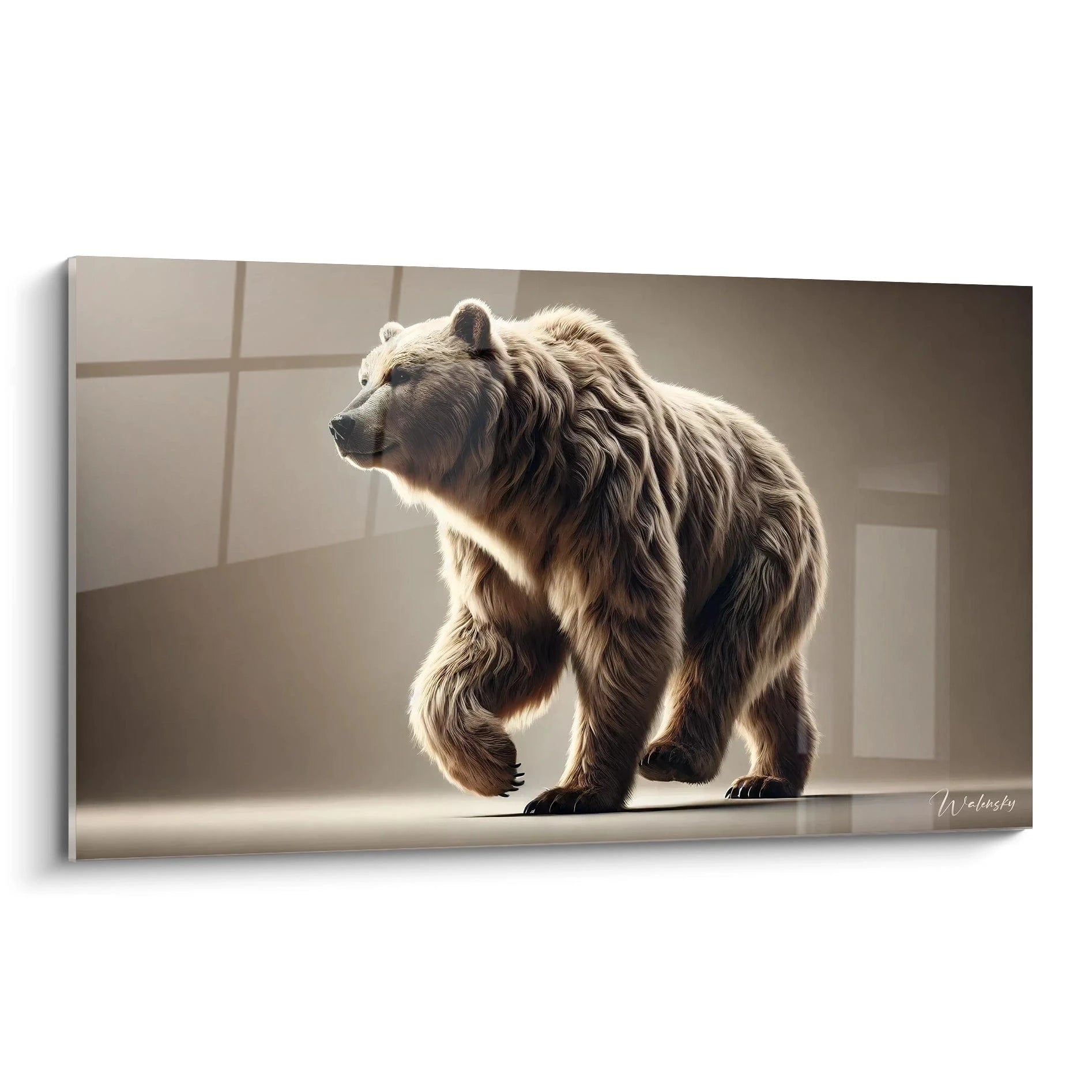 Ce tableau grizzly capture la puissance et la grâce du majestueux animal en mouvement. Les détails réalistes de son pelage et de sa silhouette saisissent la beauté sauvage de la nature.