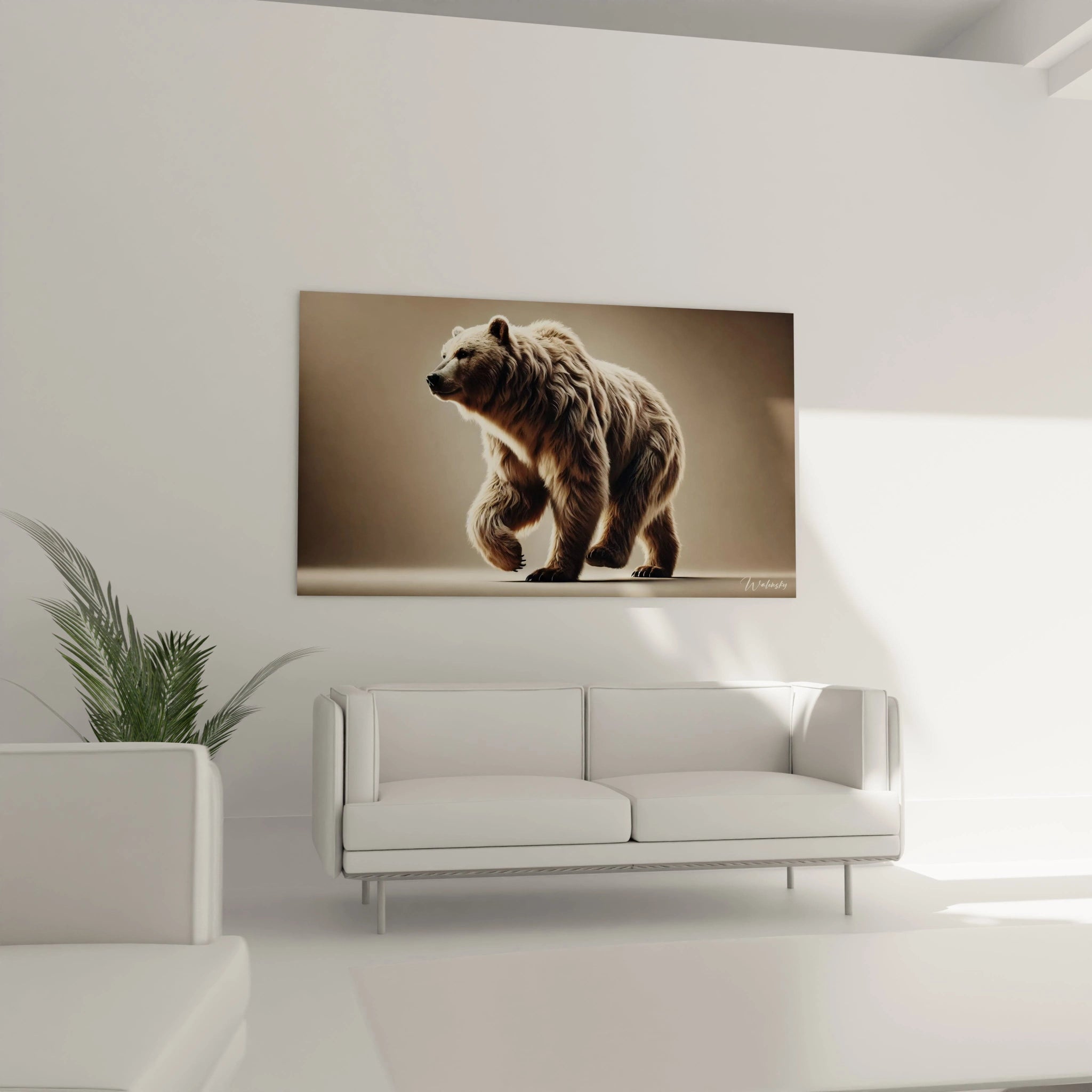 Accroché au-dessus du canapé dans ce salon, ce tableau grizzly apporte une touche majestueuse. Sa présence puissante et son design réaliste soulignent un style naturel et raffiné.