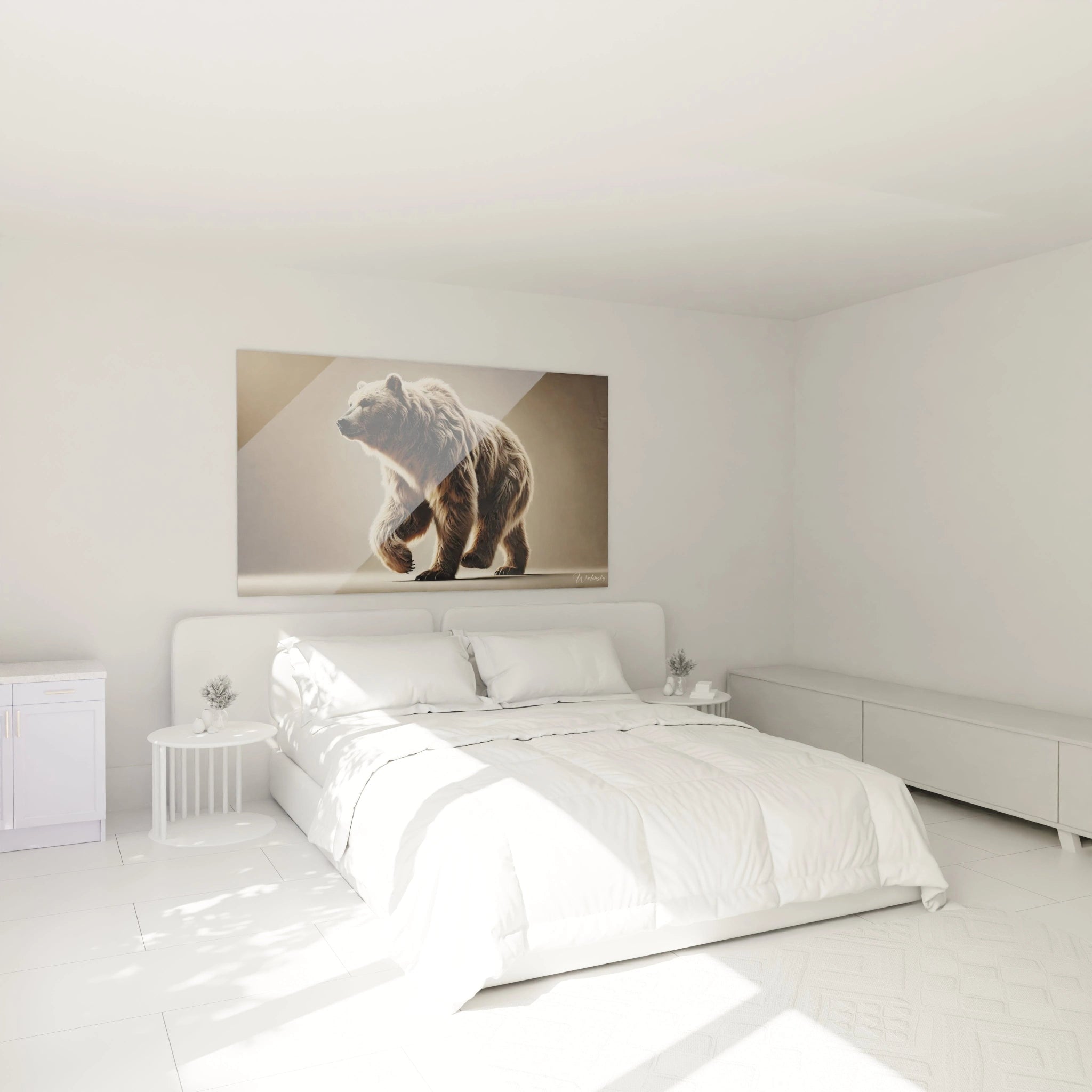 Dans cette chambre, le tableau grizzly au-dessus du lit évoque une force tranquille. La palette terreuse beige, marron et noir s’harmonise parfaitement avec l'ambiance apaisante de l'espace.