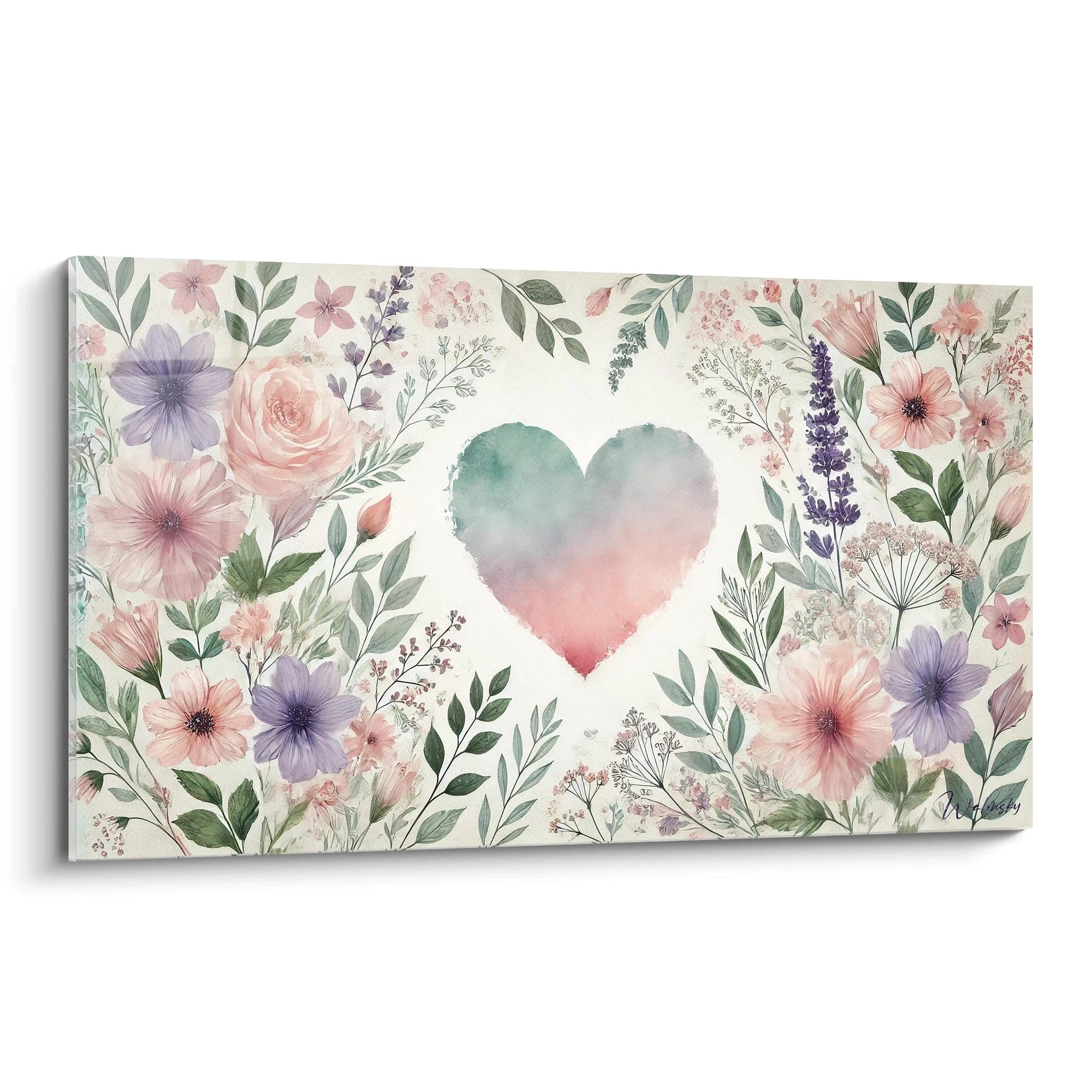 Tableau coeur vu de biais, parfait pour capturer l’essence de l’amour avec ses tons pastel et ses fleurs délicates, une œuvre idéale pour apporter douceur et poésie à votre espace.