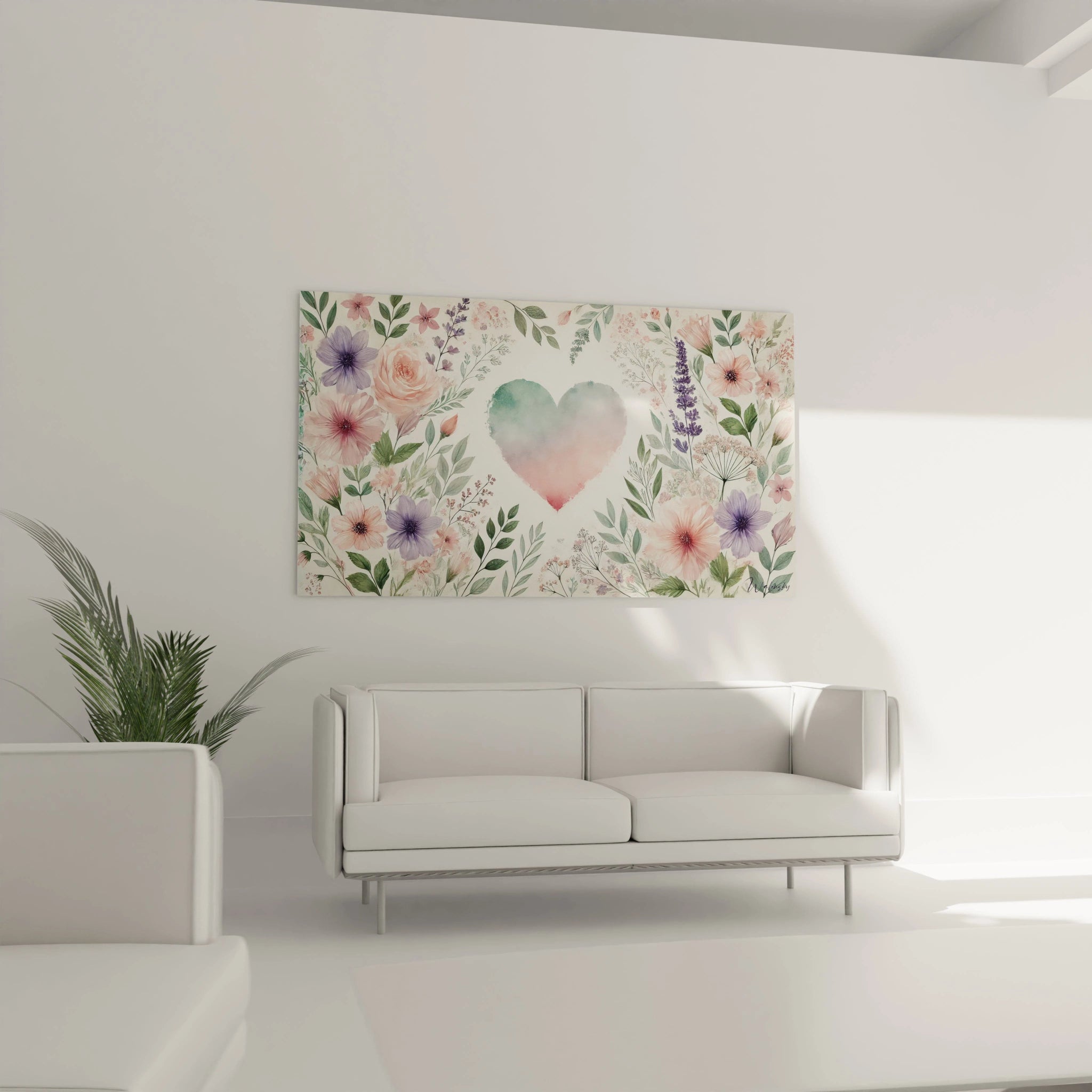 Tableau coeur au mur dans un salon, suspendu au-dessus du canapé, illumine l’espace avec ses couleurs douces et sa composition florale raffinée. Un ajout élégant pour un intérieur lumineux.