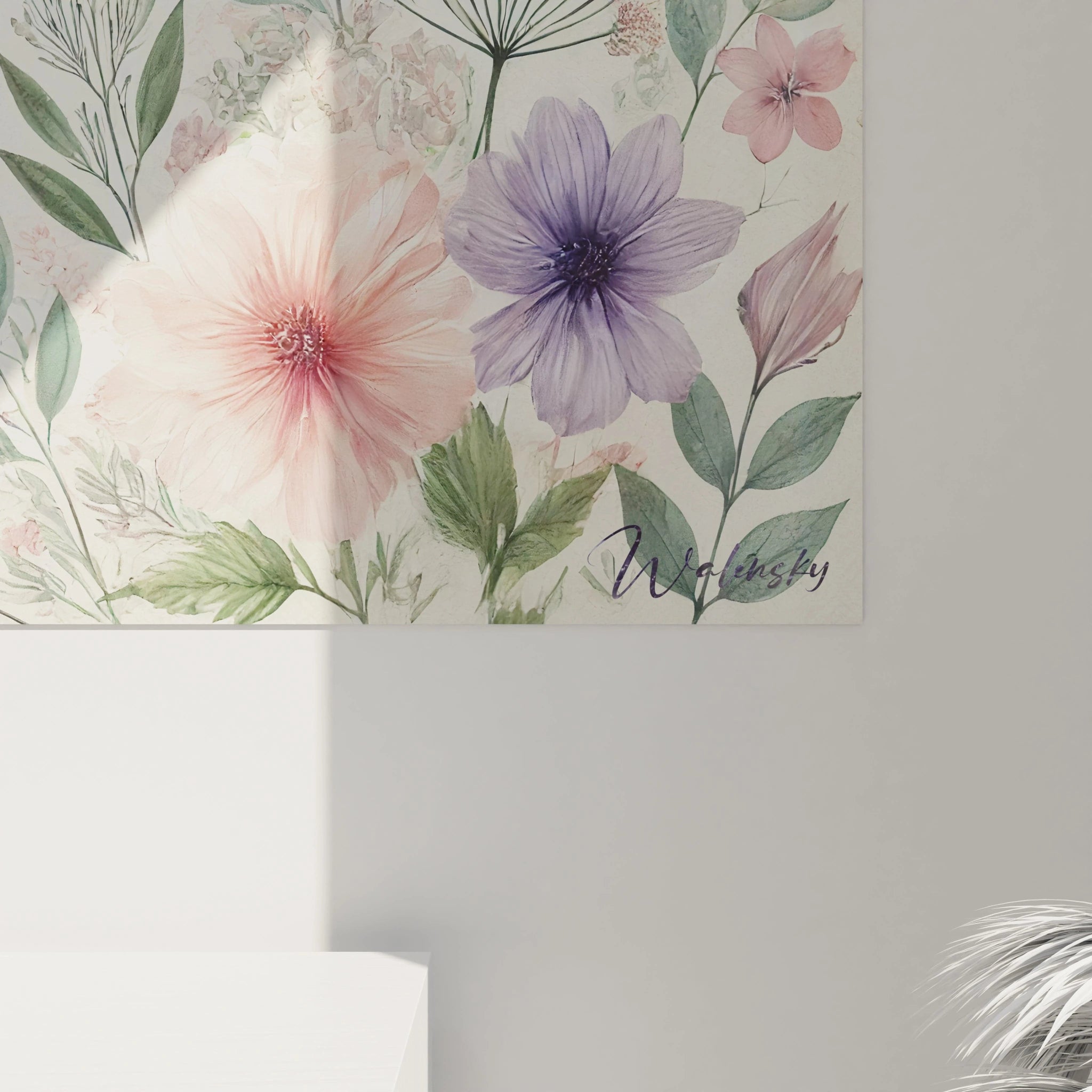 Vue rapprochée d’un tableau coeur, révélant des détails subtils de fleurs peintes avec finesse. Les dégradés pastel et la légèreté des tons captivent et apaisent à chaque regard.