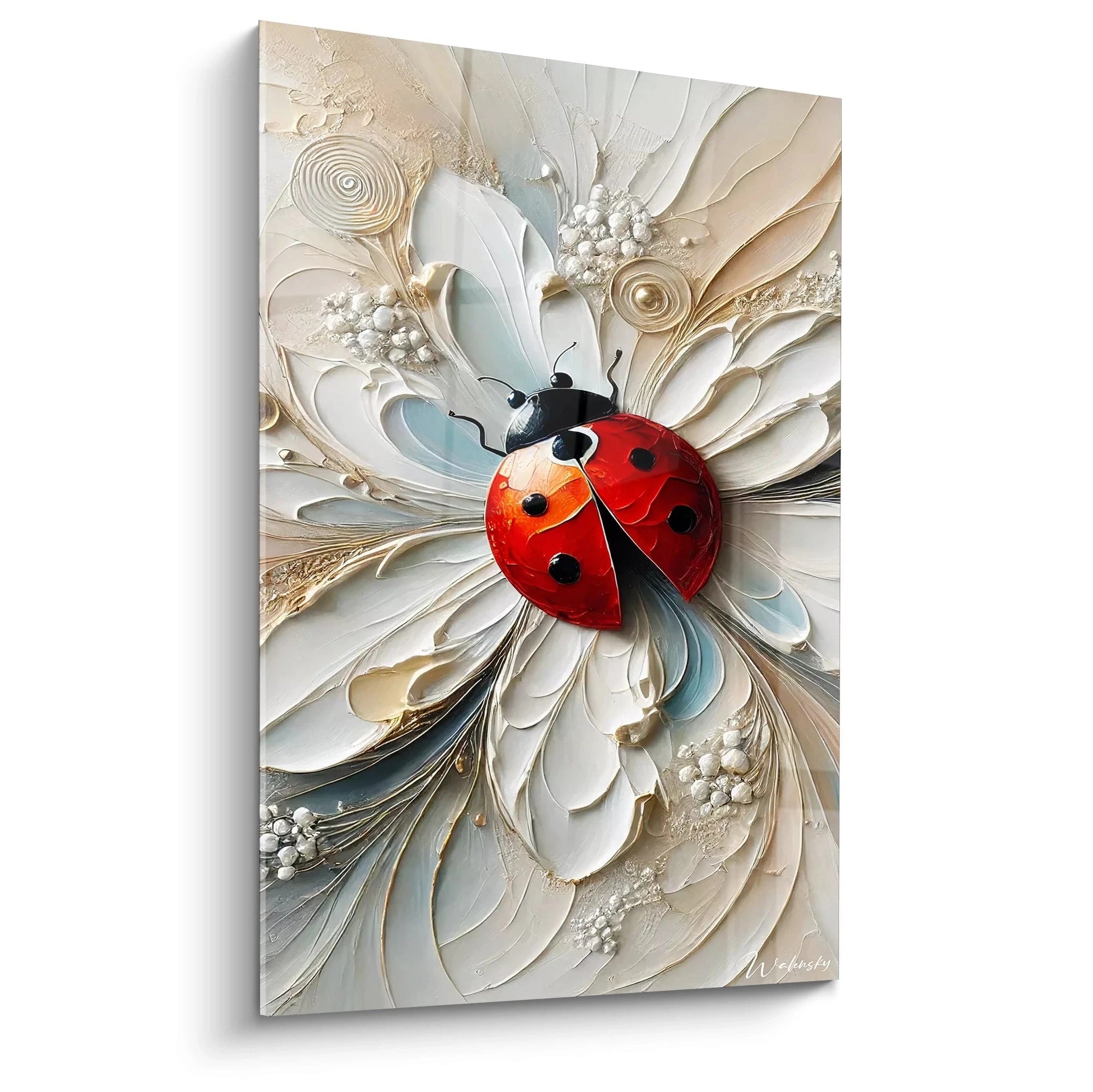 tableau coccinelle vu de biais capture l'equilibre parfait entre realisme et abstraction sa texture epaisse et ses details precis attirent l'oeil une oeuvre moderne ideale pour un interieur contemporain