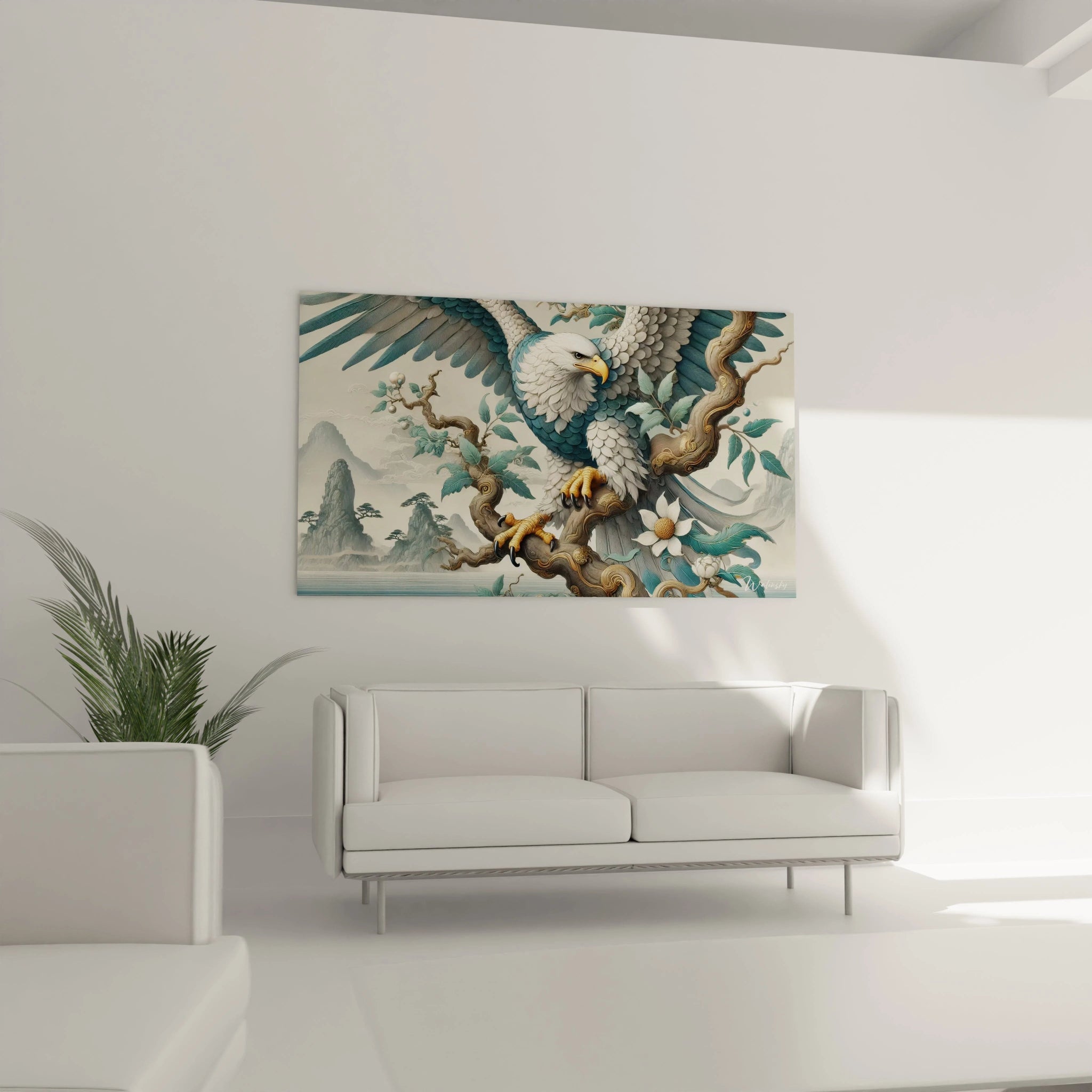 Accroche au-dessus du canapé dans le salon, ce tableau aigle magnifie l espace avec ses couleurs profondes et ses details precis. Il insuffle une presence majestueuse et sereine a votre interieur.