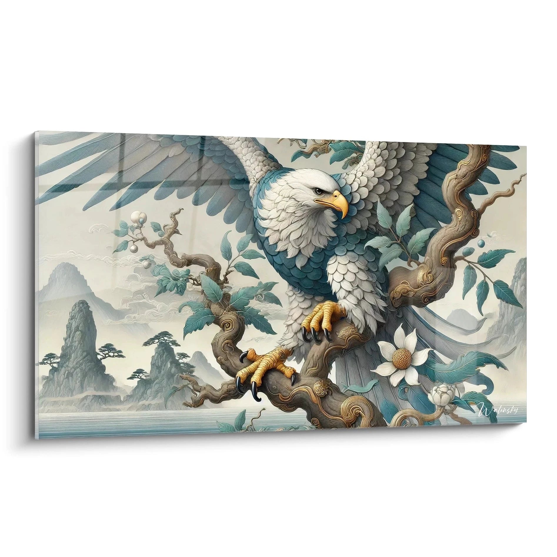 tableau aigle capturant la force tranquille de l oiseau dans une composition harmonieuse. Les details precis des plumes contrastent avec le paysage fluide, ajoutant une touche de dynamisme naturel