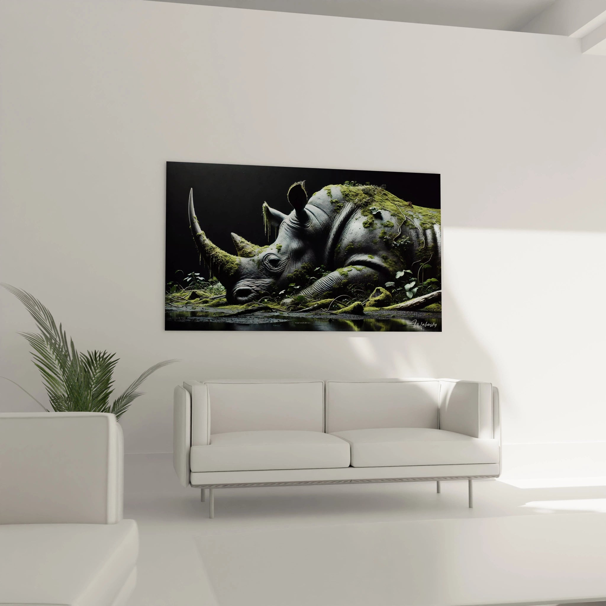 tableau rhinoceros, parfait au-dessus d'un canapé, il évoque la force paisible de la nature. Ses couleurs riches et son réalisme poétique apportent une atmosphÚre contemporaine et chaleureuse à votre salon.