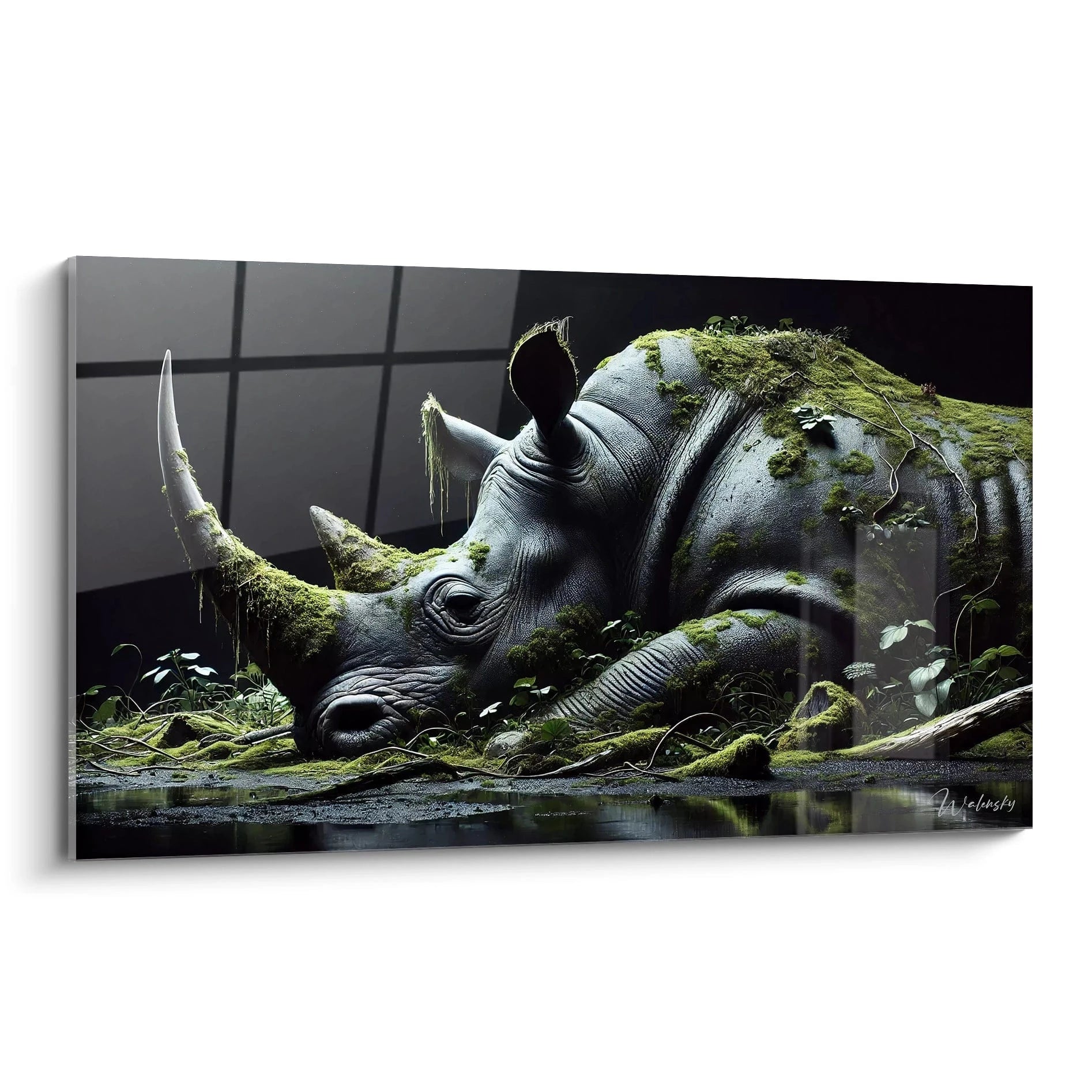 tableau rhinoceros capturez la force tranquille de la nature dans cette Ćuvre unique. Les dĂ©tails minutieux et les tons sombres crĂ©ent une fusion mystique entre la faune et la flore. Ajoutez du caractĂšre Ă votre espace.